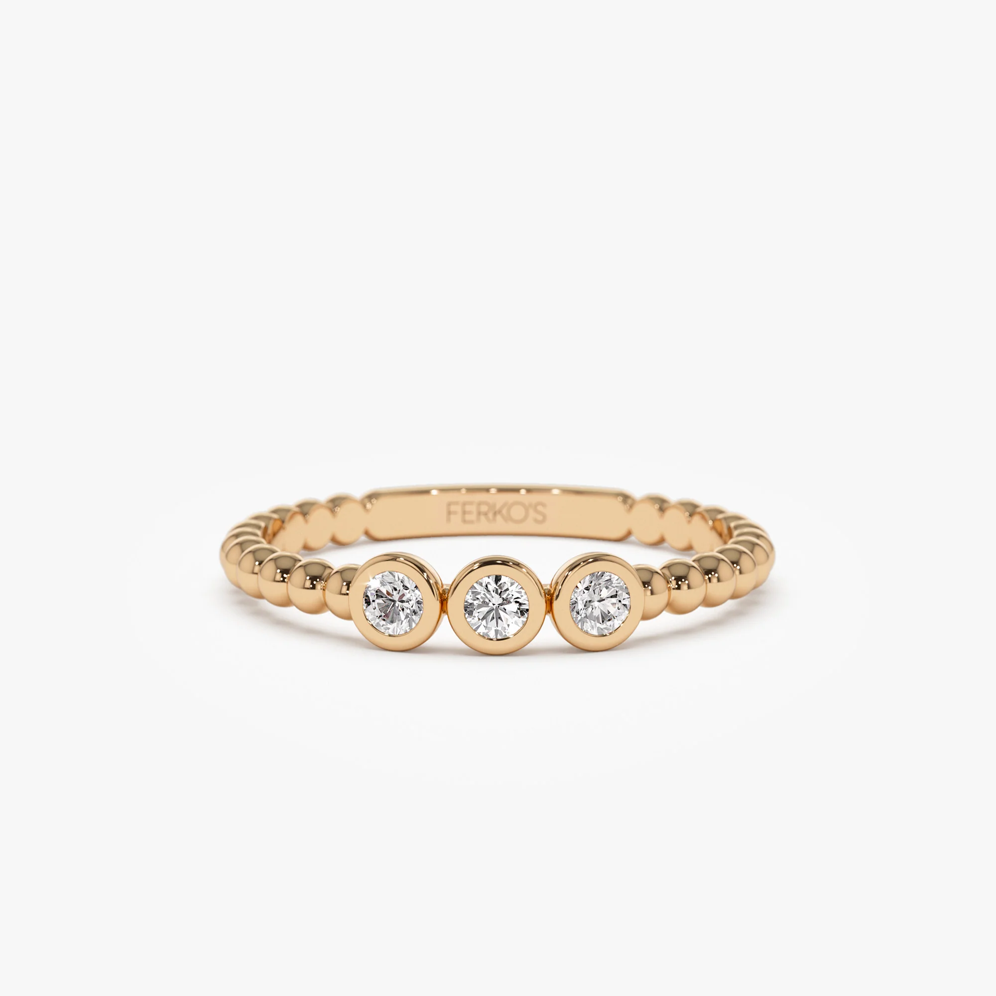 14k Beaded Three Stone Diamond Ring - Image 5