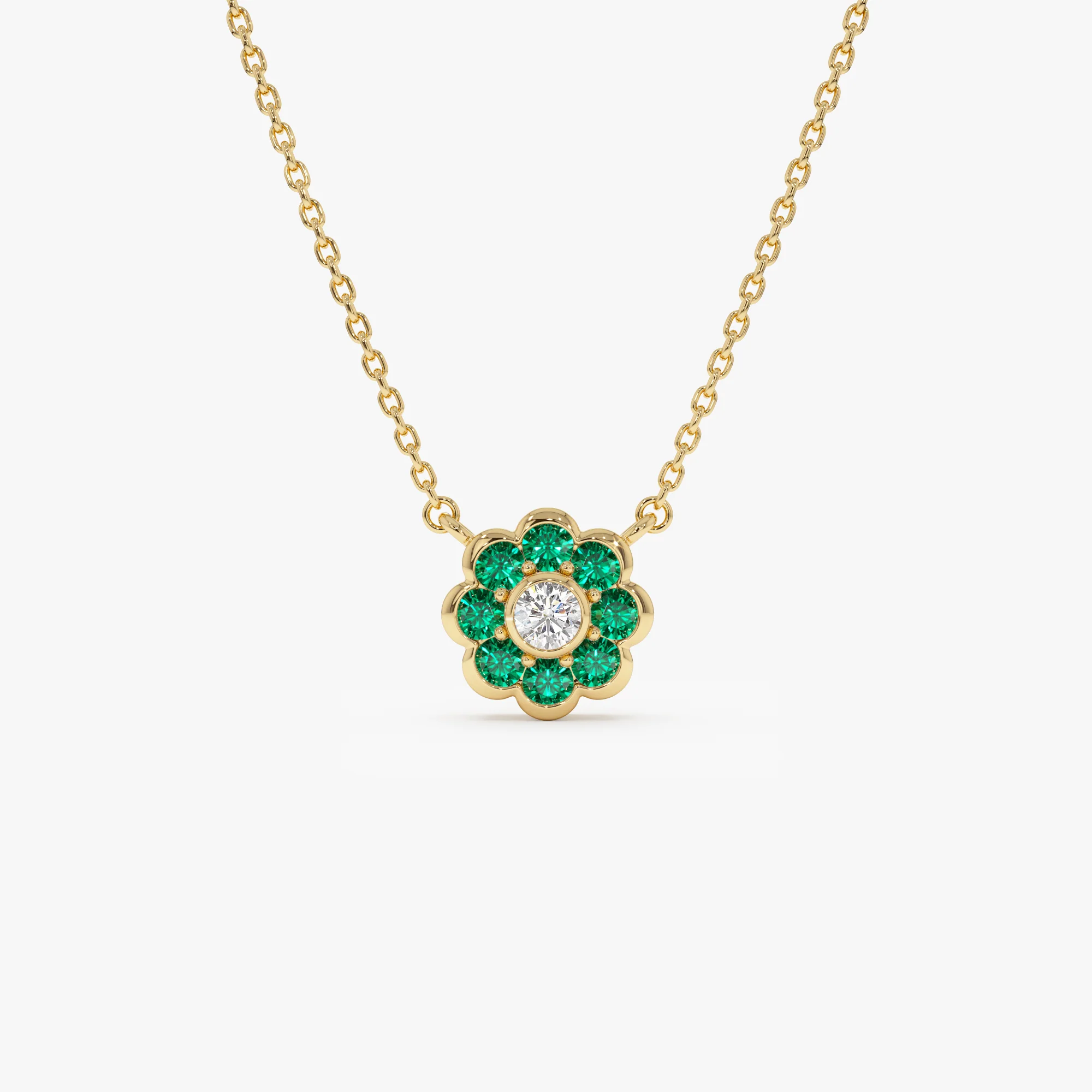 14K Bezel Setting Emerald Flower Diamond Necklace