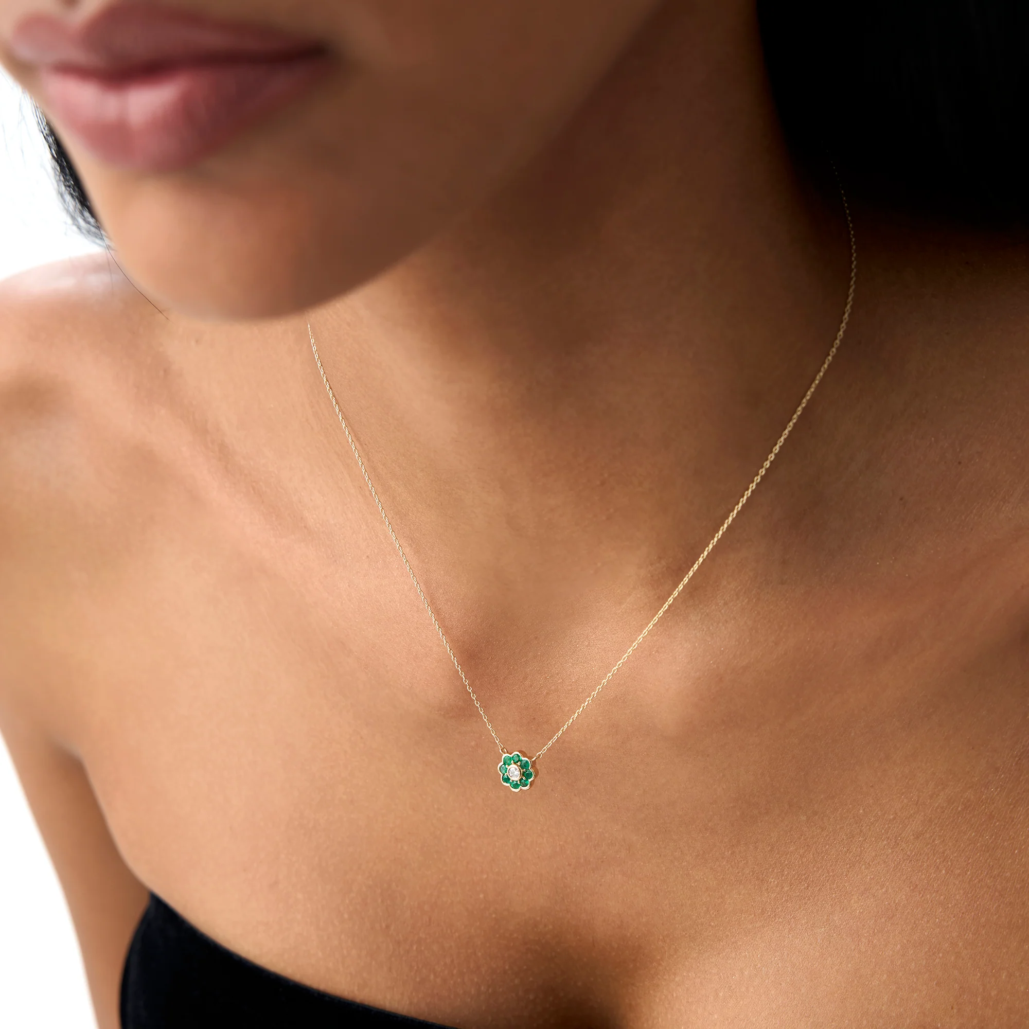 14K Bezel Setting Emerald Flower Diamond Necklace - Image 3
