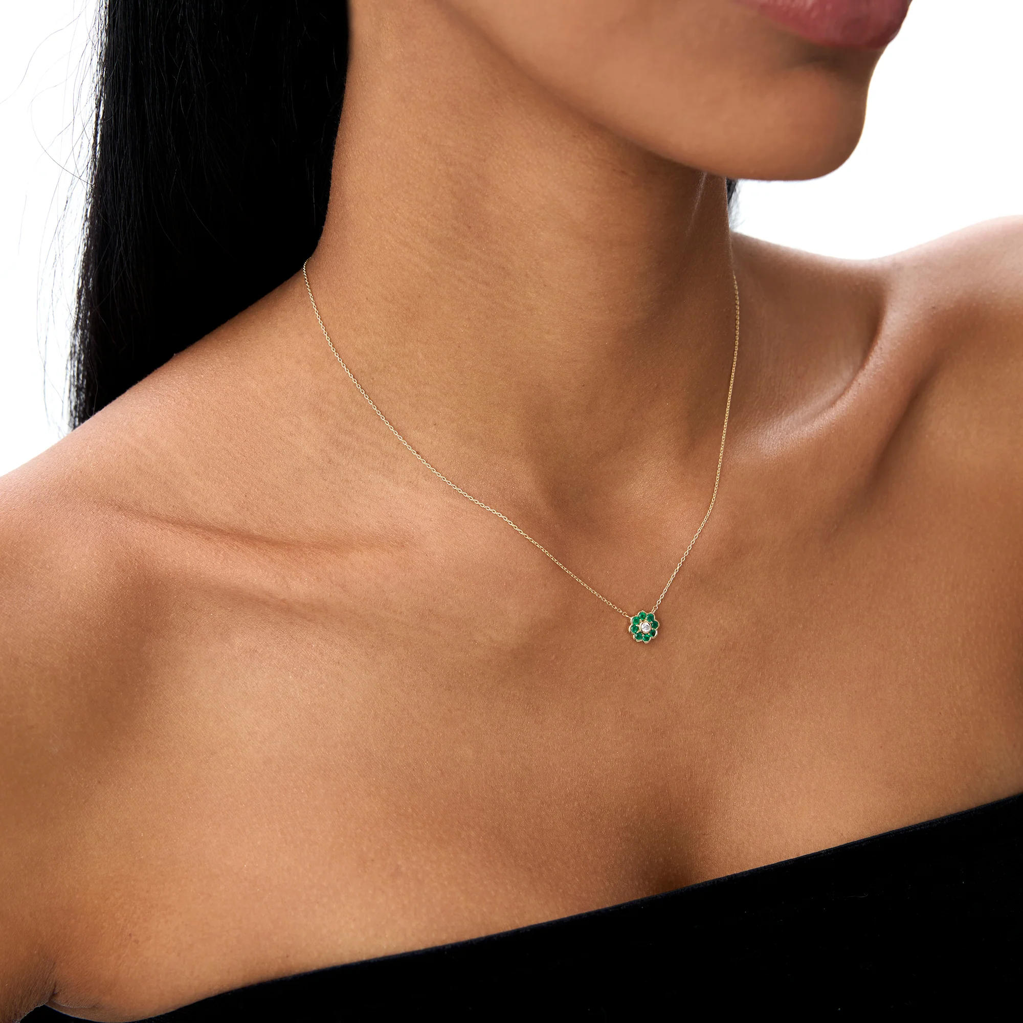 14K Bezel Setting Emerald Flower Diamond Necklace - Image 4