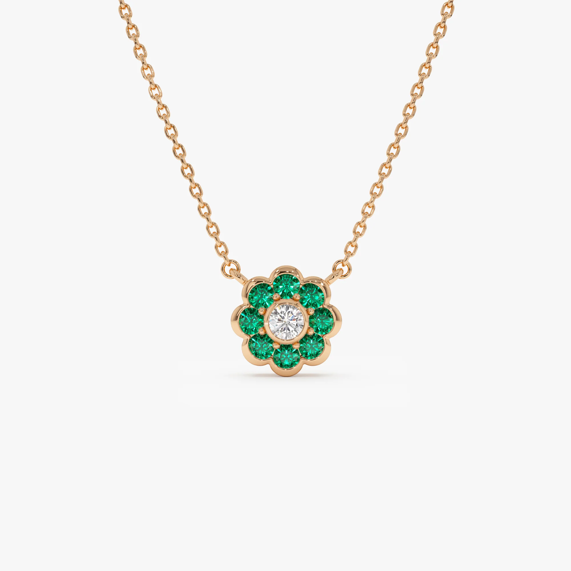 14K Bezel Setting Emerald Flower Diamond Necklace - Image 6