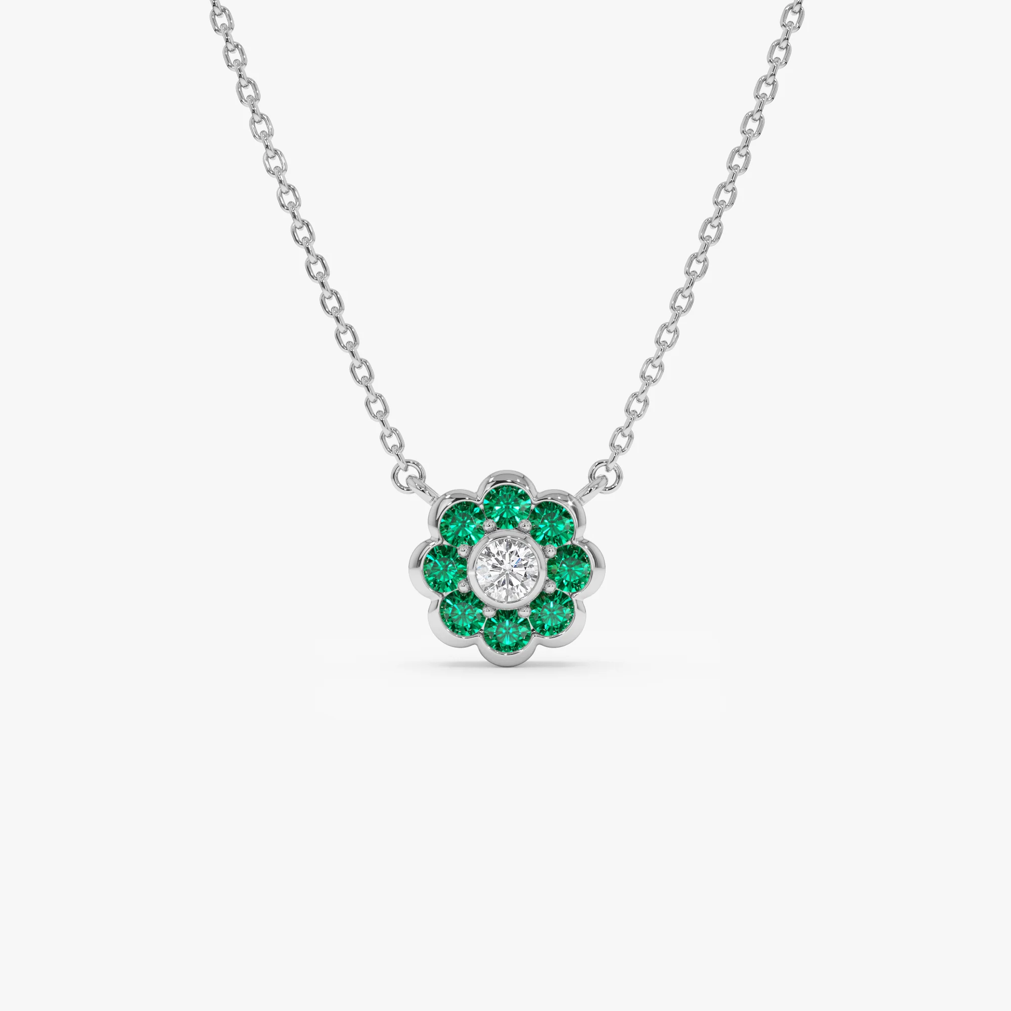 14K Bezel Setting Emerald Flower Diamond Necklace - Image 7