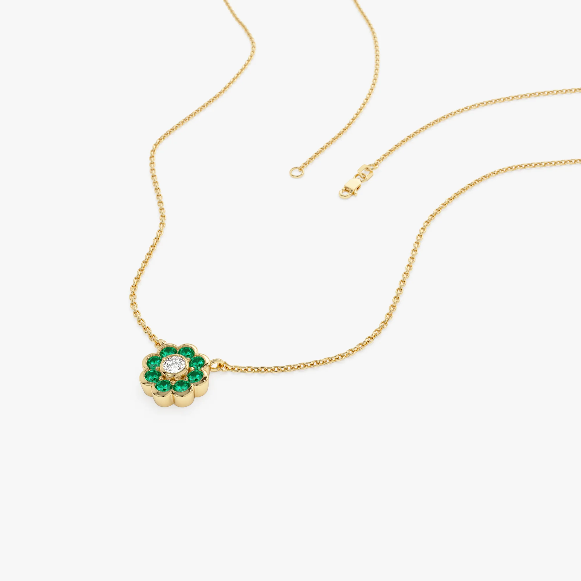 14K Bezel Setting Emerald Flower Diamond Necklace - Image 8