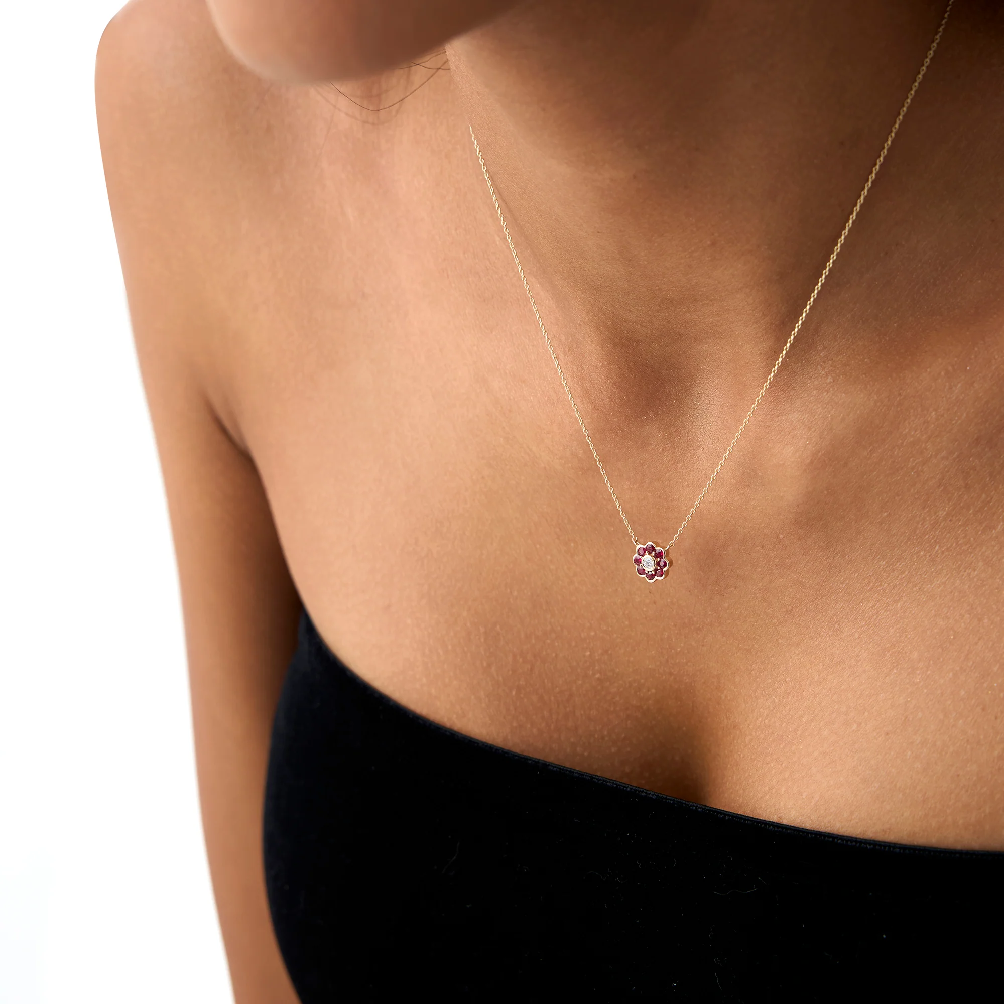 14K Bezel Setting Ruby Flower Diamond Necklace - Image 2