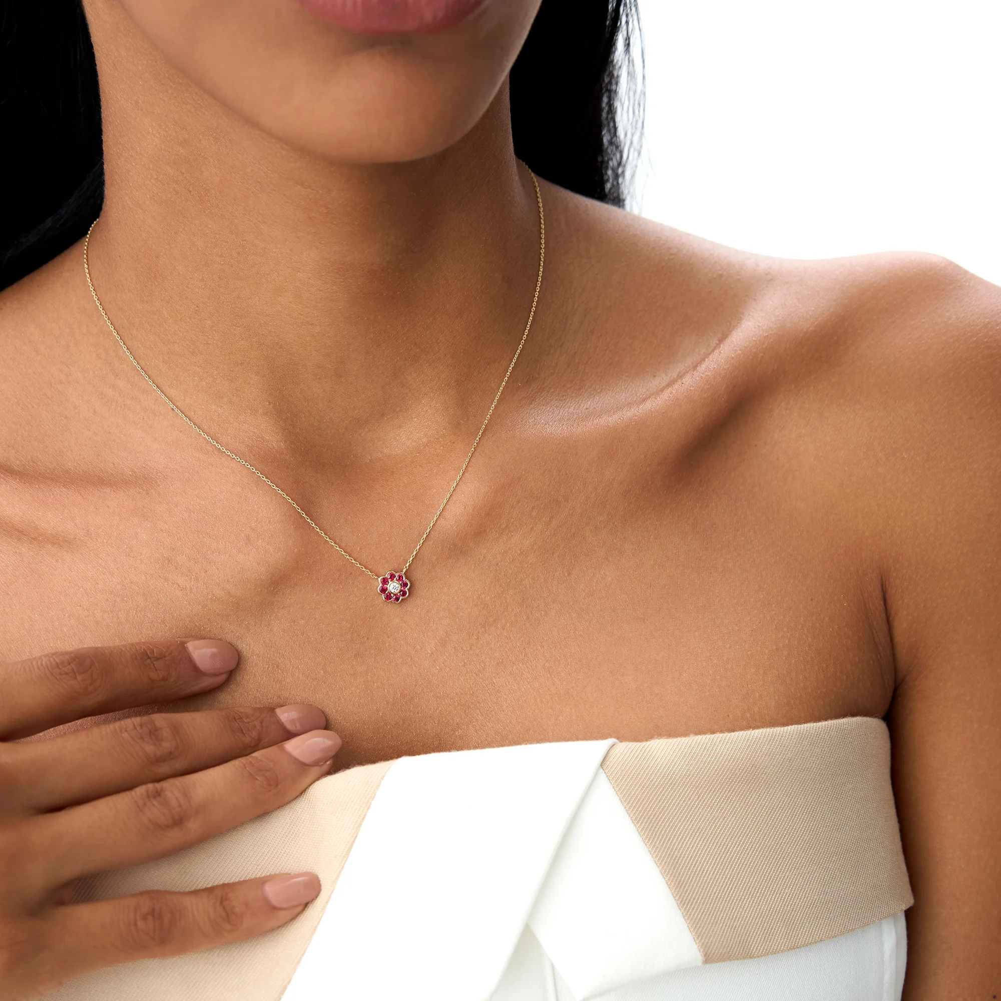 14K Bezel Setting Ruby Flower Diamond Necklace - Image 3