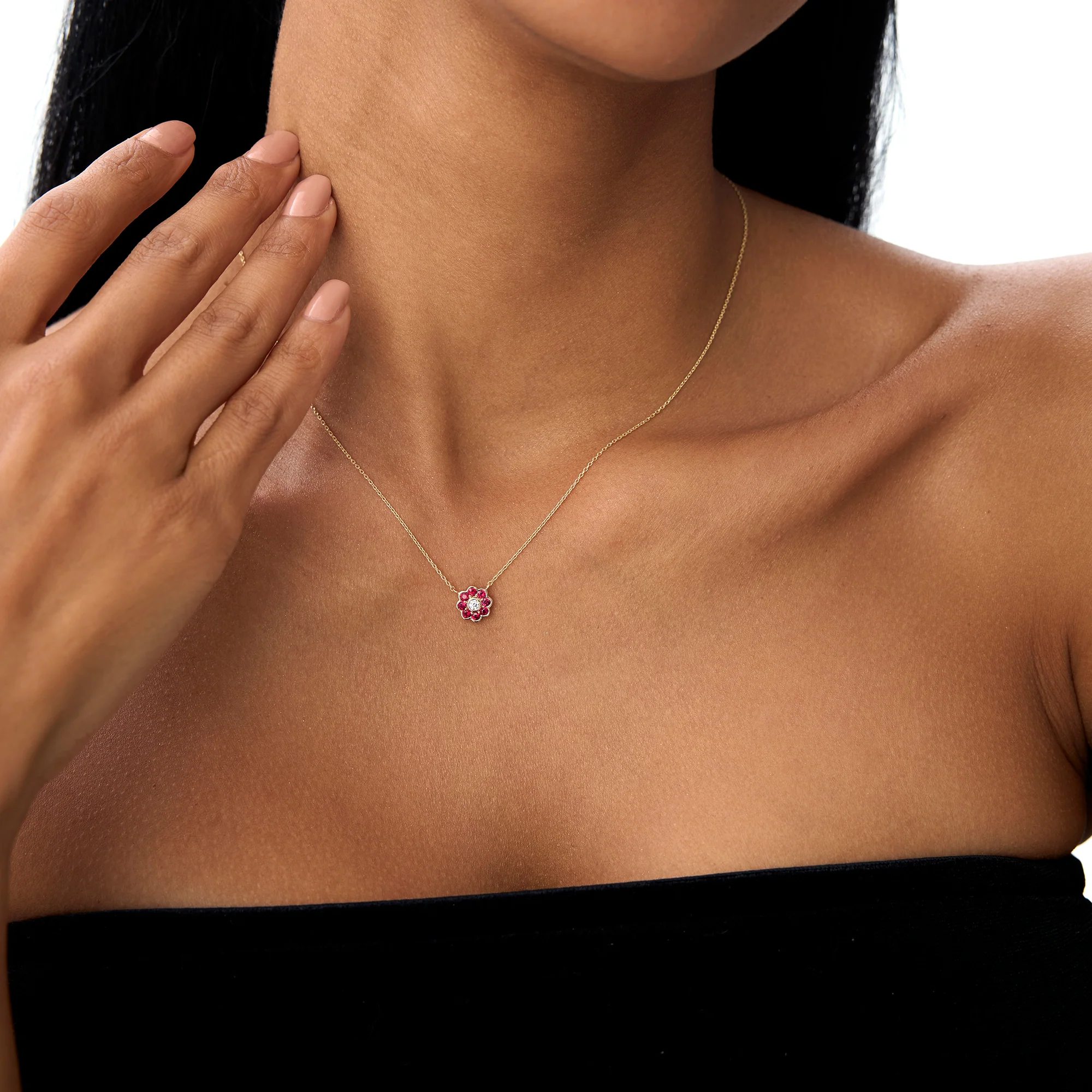 14K Bezel Setting Ruby Flower Diamond Necklace - Image 4