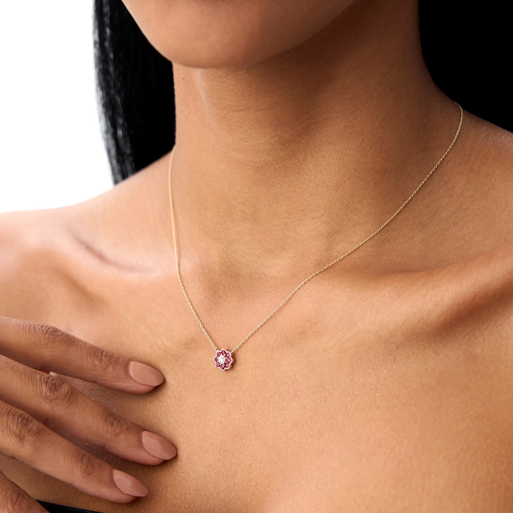 14K Bezel Setting Ruby Flower Diamond Necklace - Image 5
