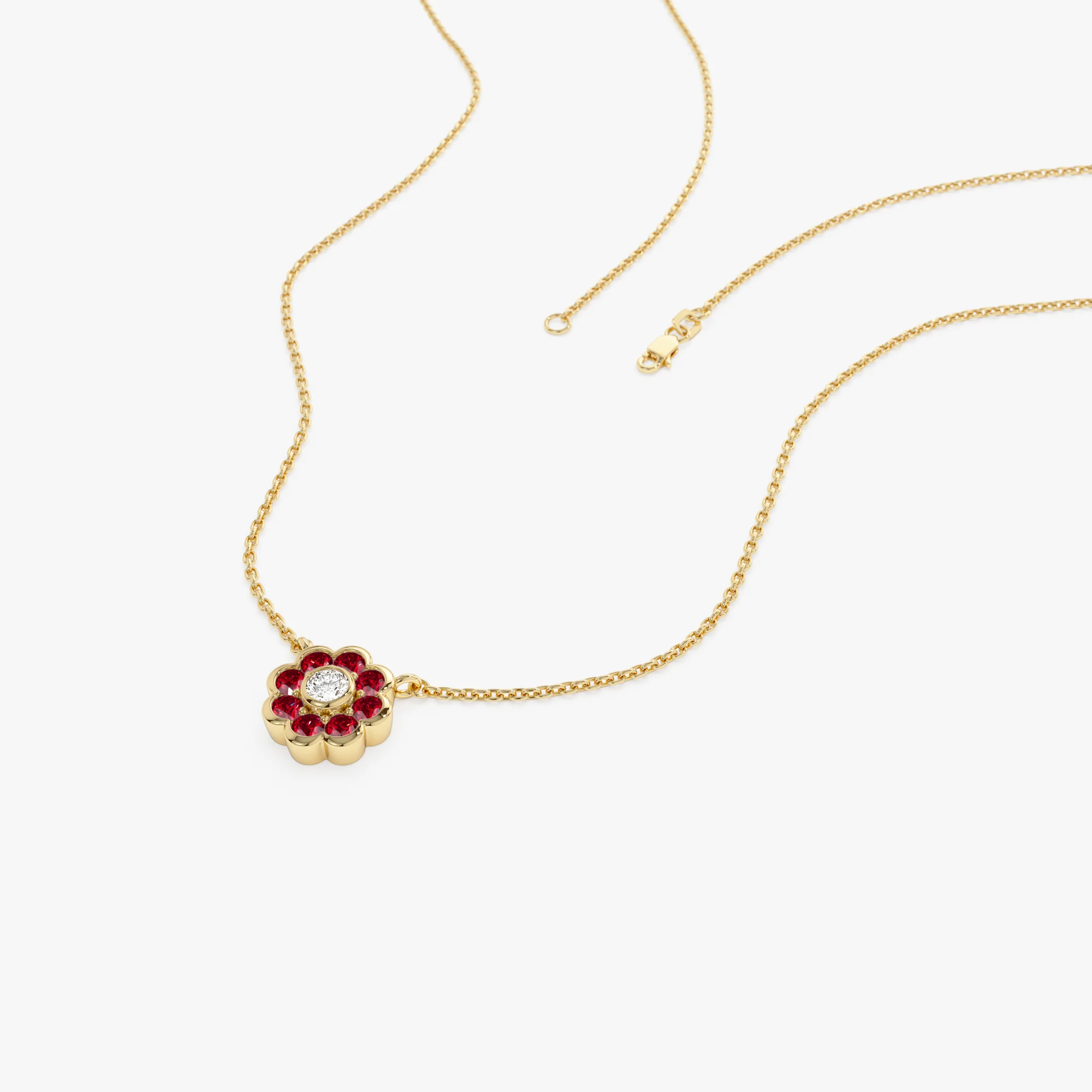 14K Bezel Setting Ruby Flower Diamond Necklace - Image 7
