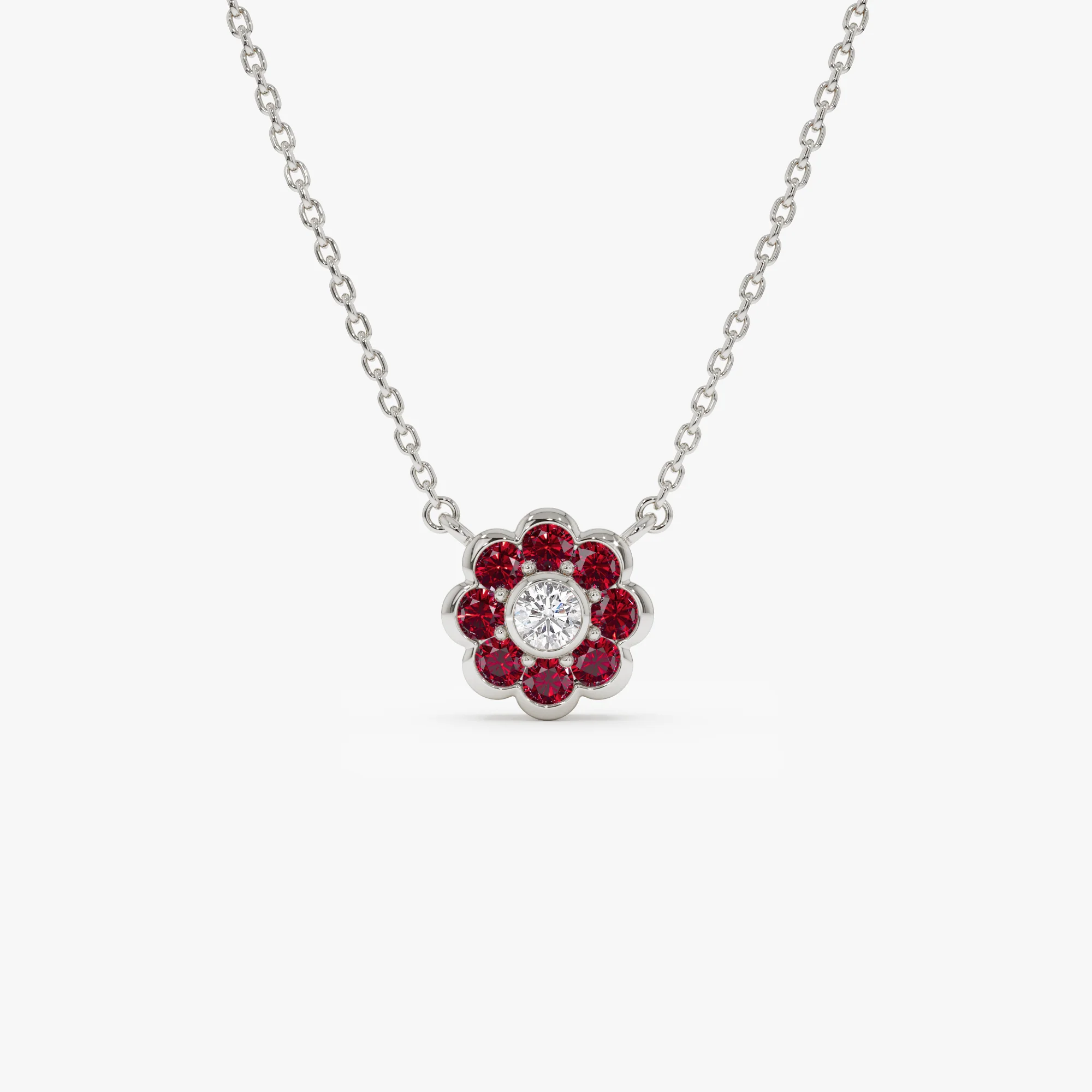 14K Bezel Setting Ruby Flower Diamond Necklace - Image 8
