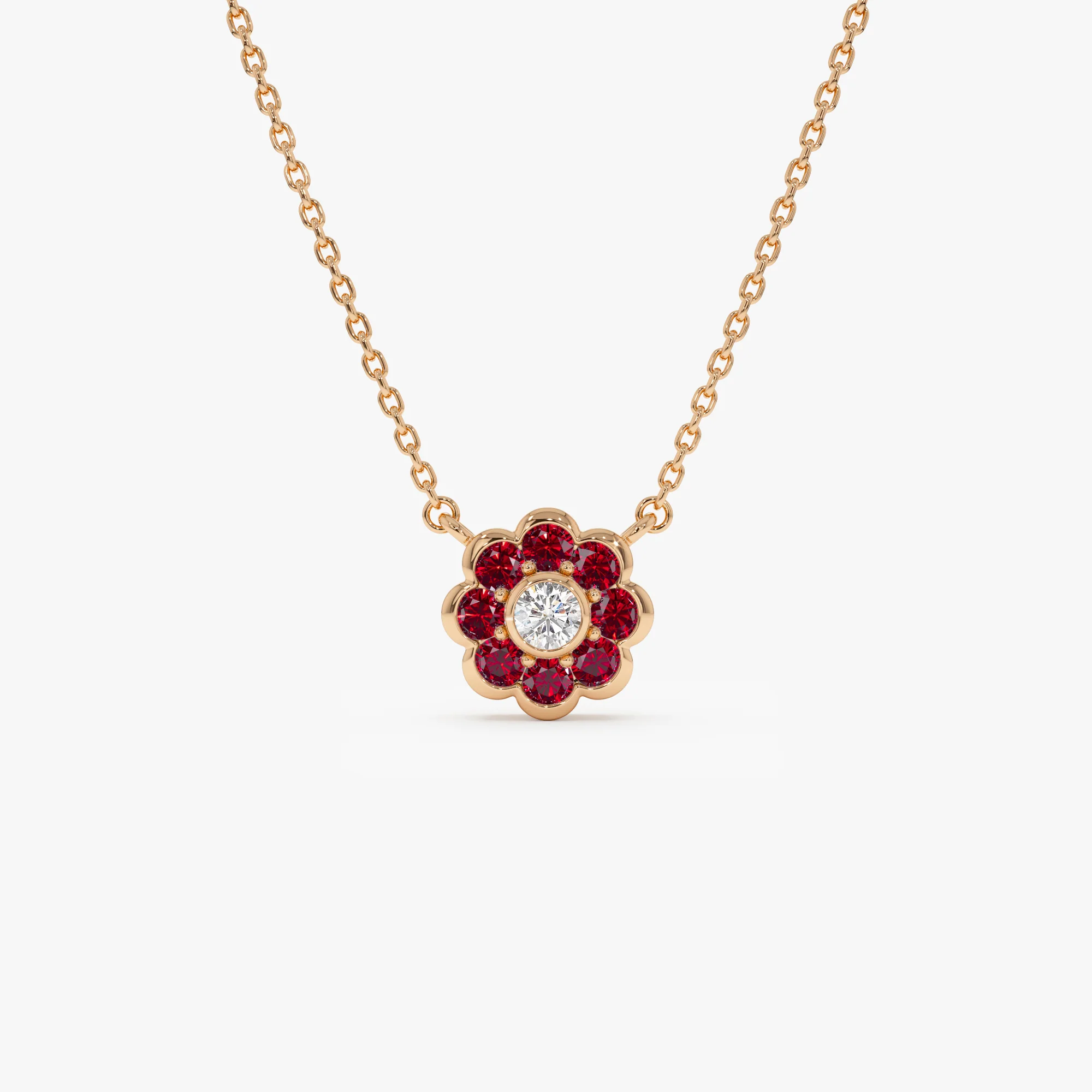 14K Bezel Setting Ruby Flower Diamond Necklace - Image 9