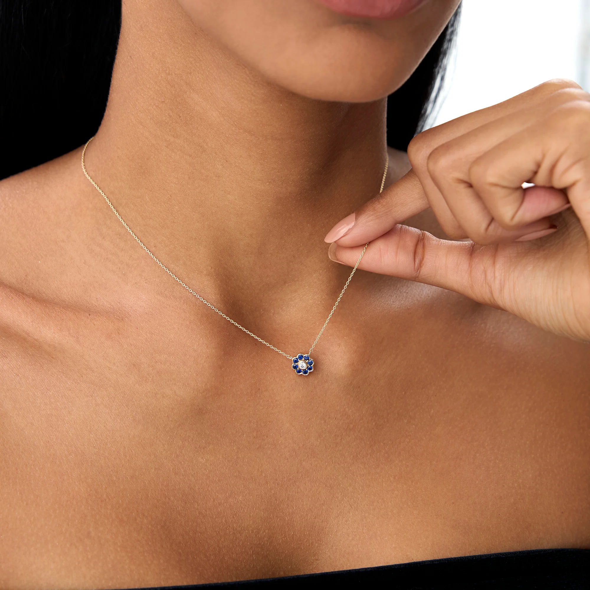 14K Bezel Setting Sapphire Flower Diamond Necklace - Image 2