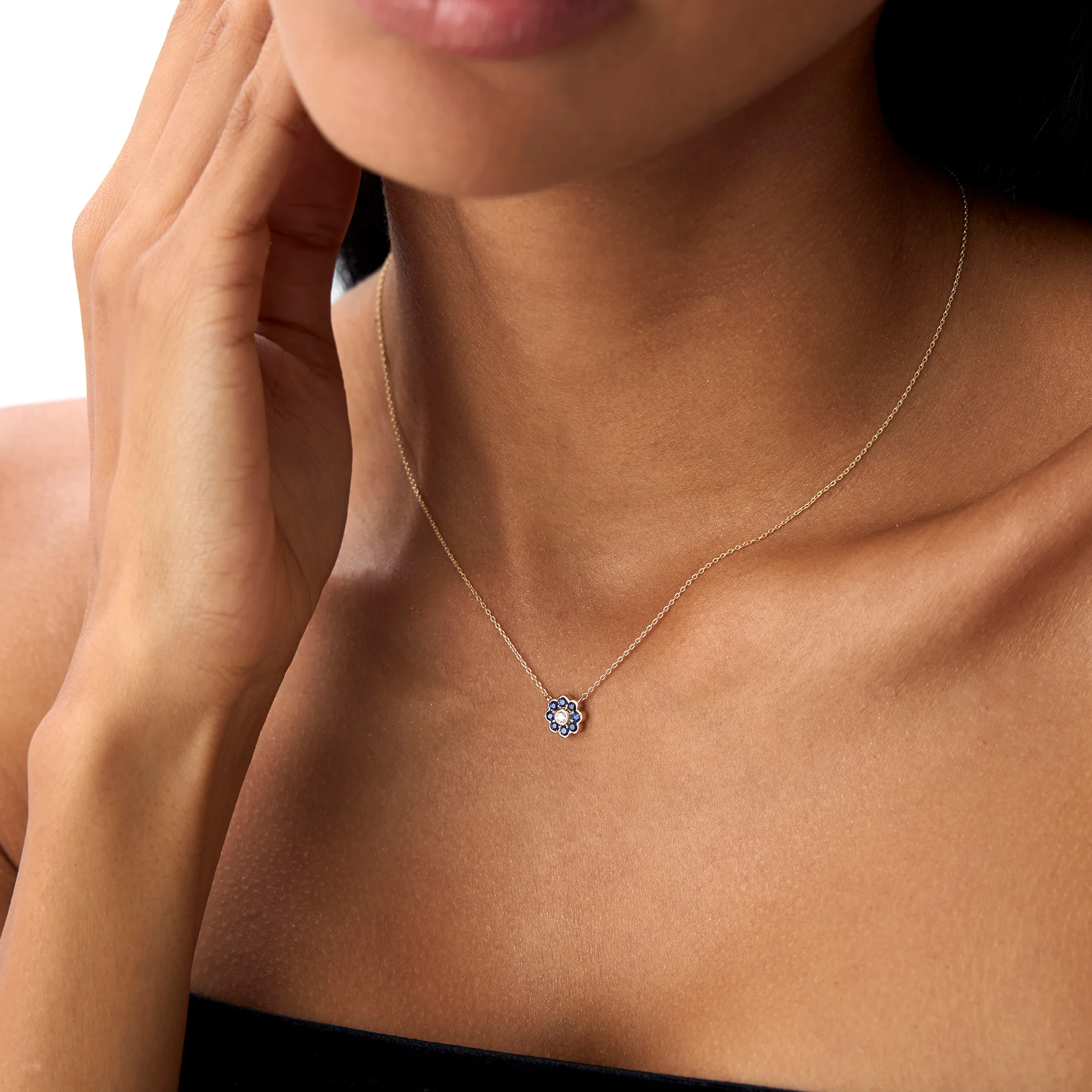 14K Bezel Setting Sapphire Flower Diamond Necklace - Image 3
