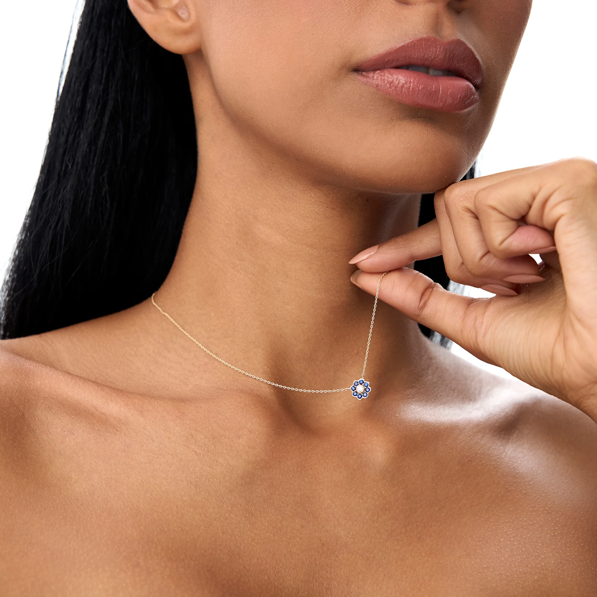 14K Bezel Setting Sapphire Flower Diamond Necklace - Image 5