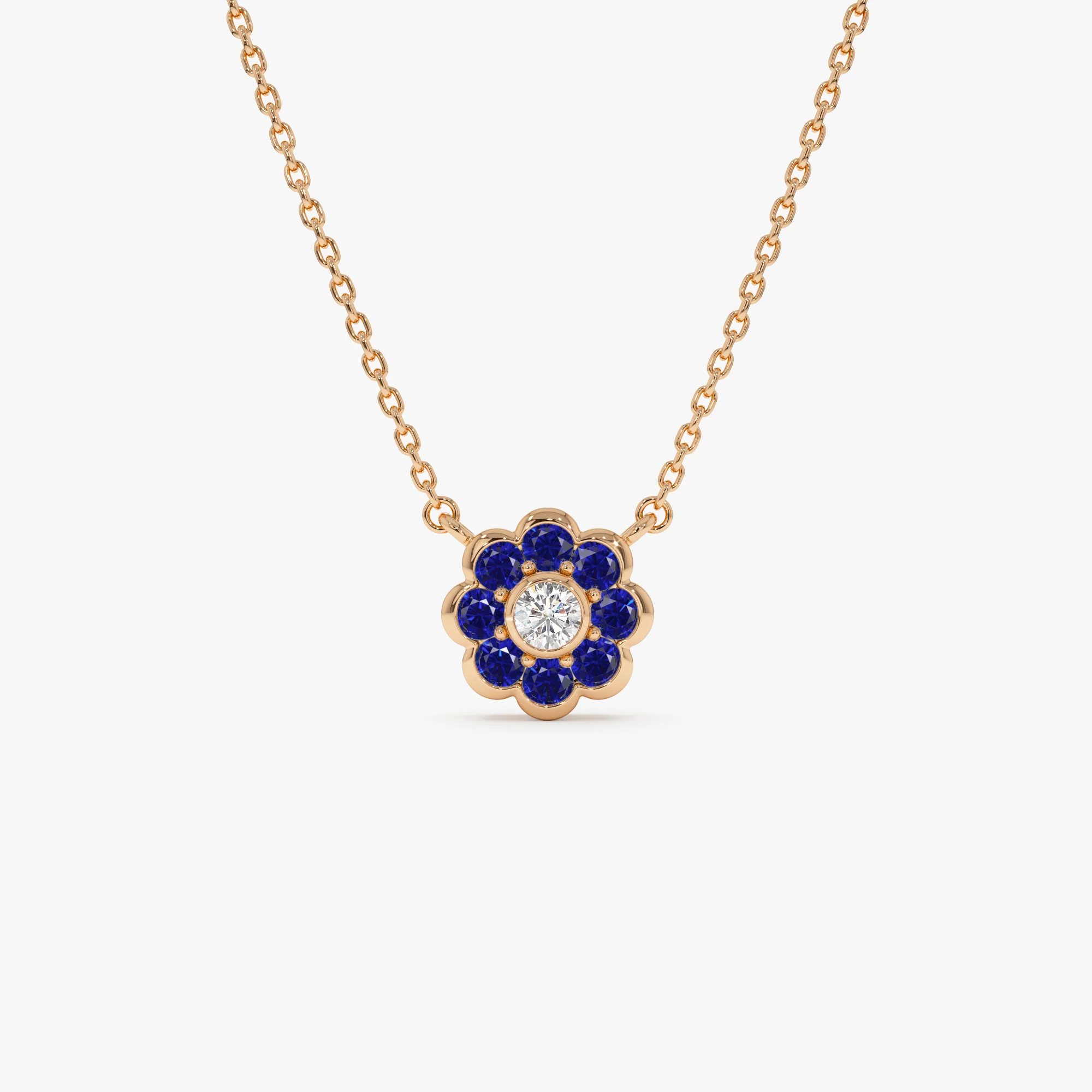14K Bezel Setting Sapphire Flower Diamond Necklace - Image 6