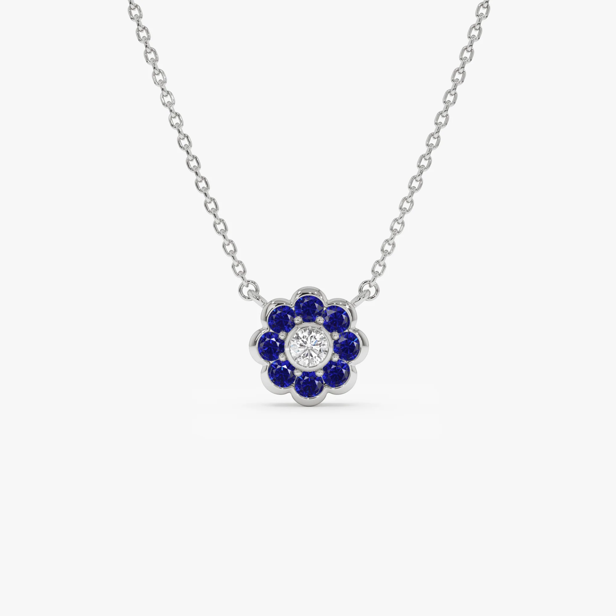 14K Bezel Setting Sapphire Flower Diamond Necklace - Image 7