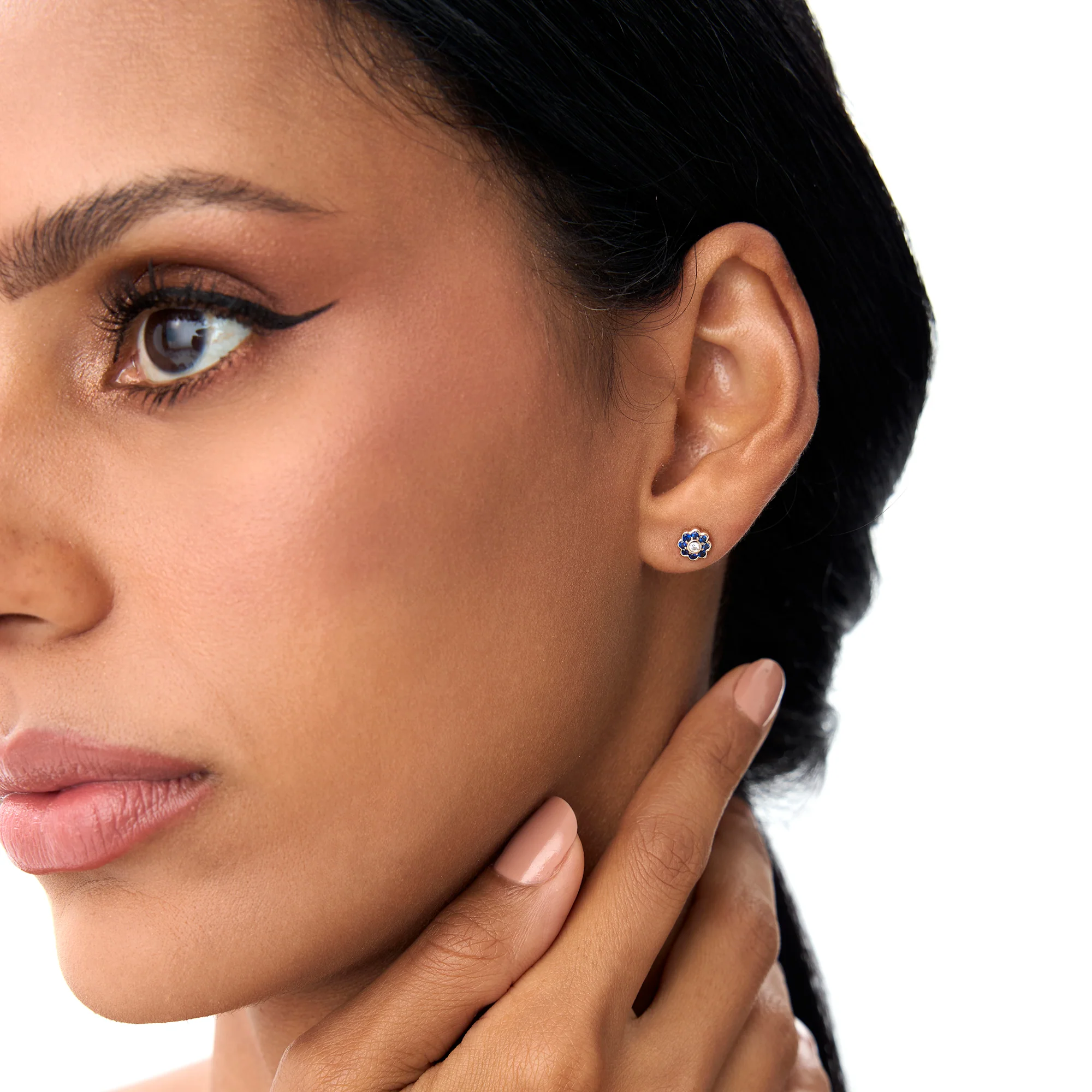 14K Bezel Setting Sapphire Flower Diamond Studs - Image 2