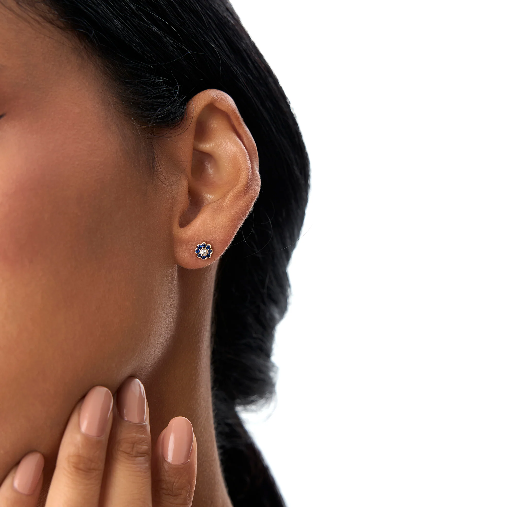 14K Bezel Setting Sapphire Flower Diamond Studs - Image 3