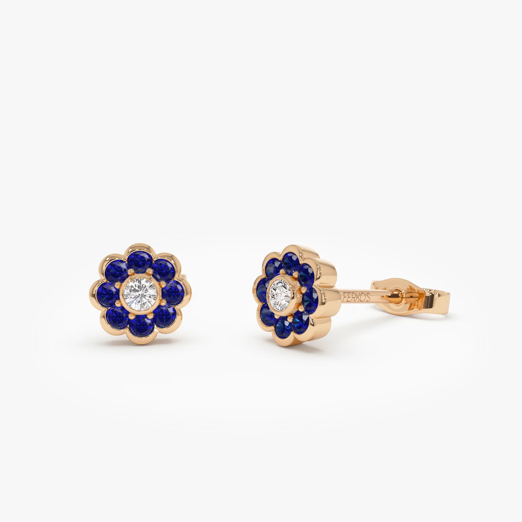 14K Bezel Setting Sapphire Flower Diamond Studs - Image 4
