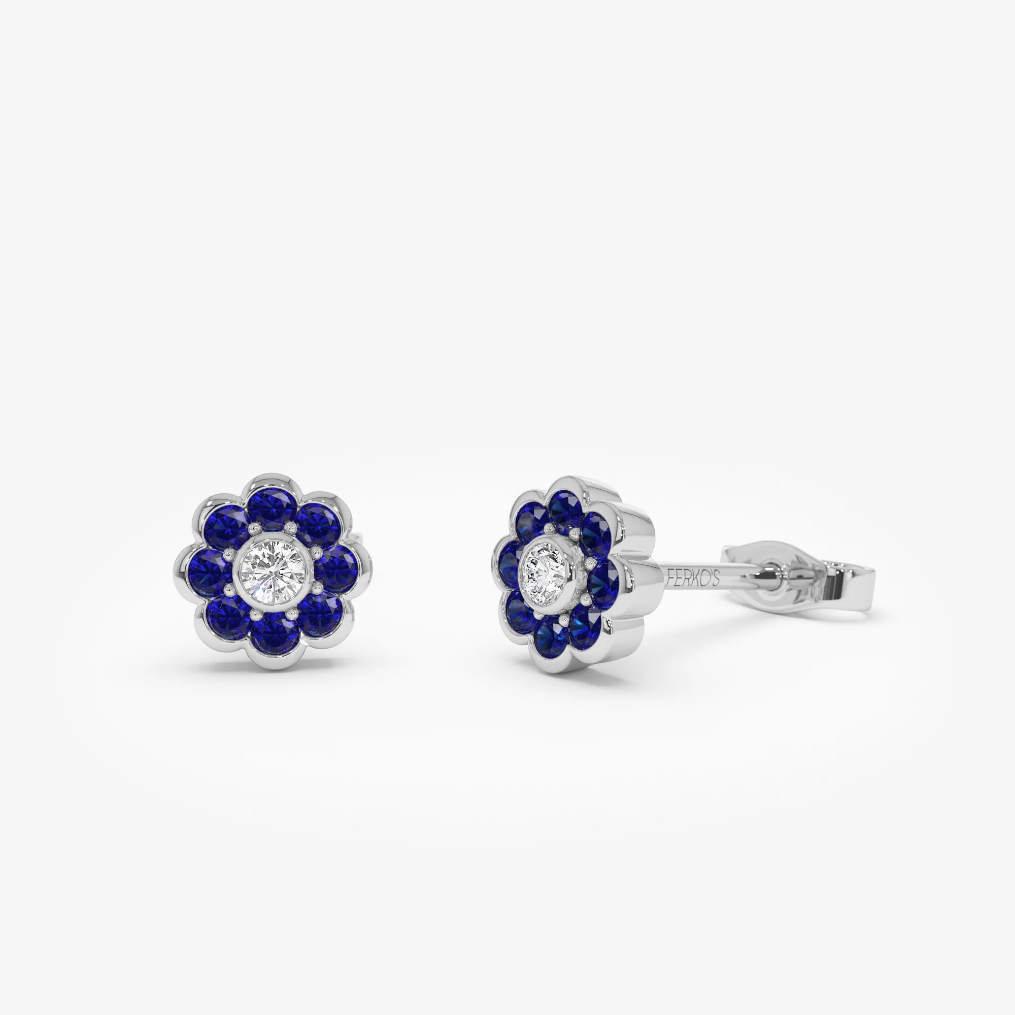 14K Bezel Setting Sapphire Flower Diamond Studs - Image 5