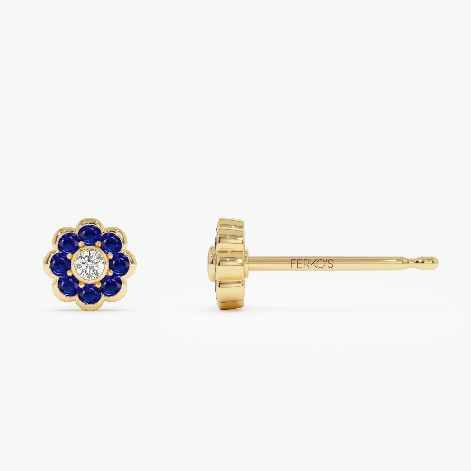 14K Bezel Setting Sapphire Flower Diamond Studs - Image 6