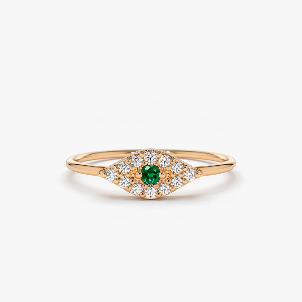 14K Diamond and Emerald Evil Eye Ring - Image 3