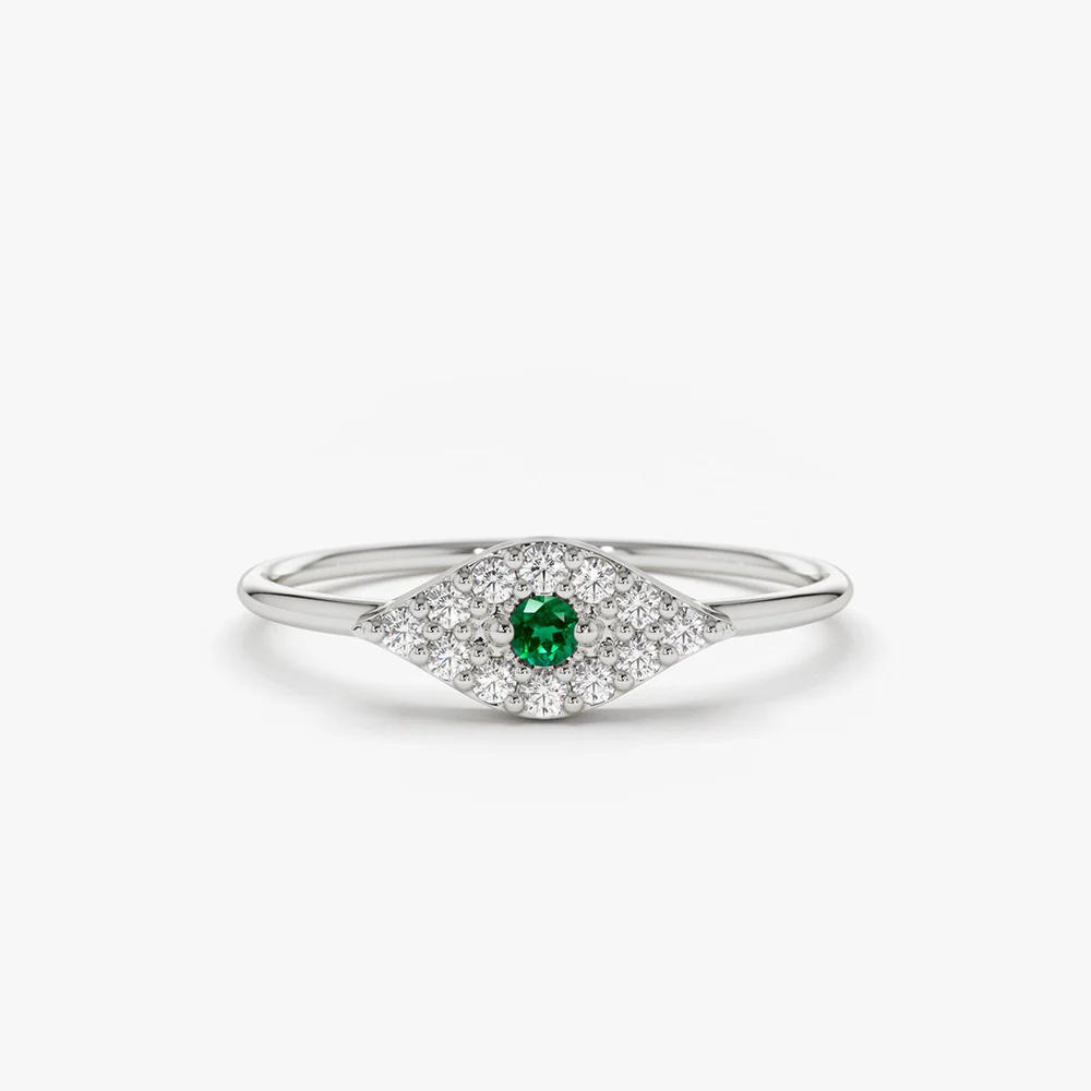 14K Diamond and Emerald Evil Eye Ring - Image 4