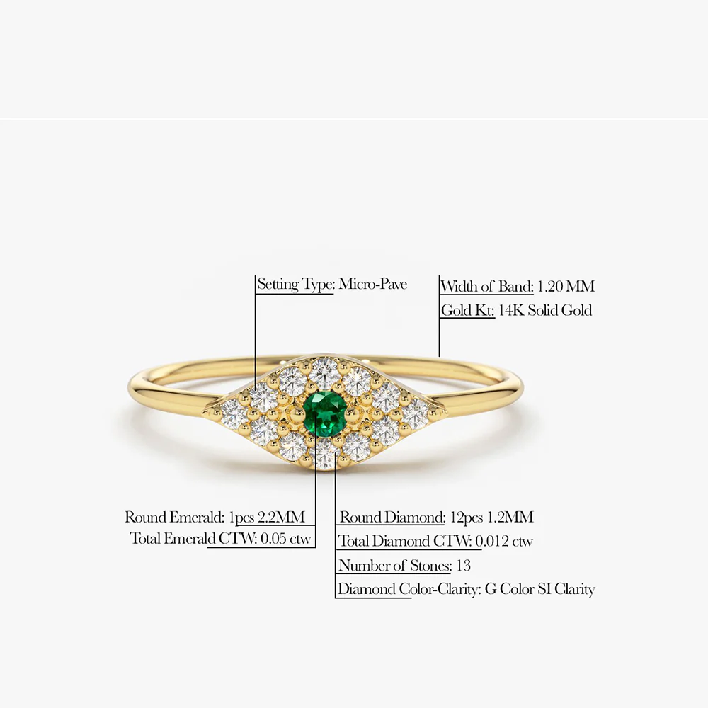 14K Diamond and Emerald Evil Eye Ring - Image 5