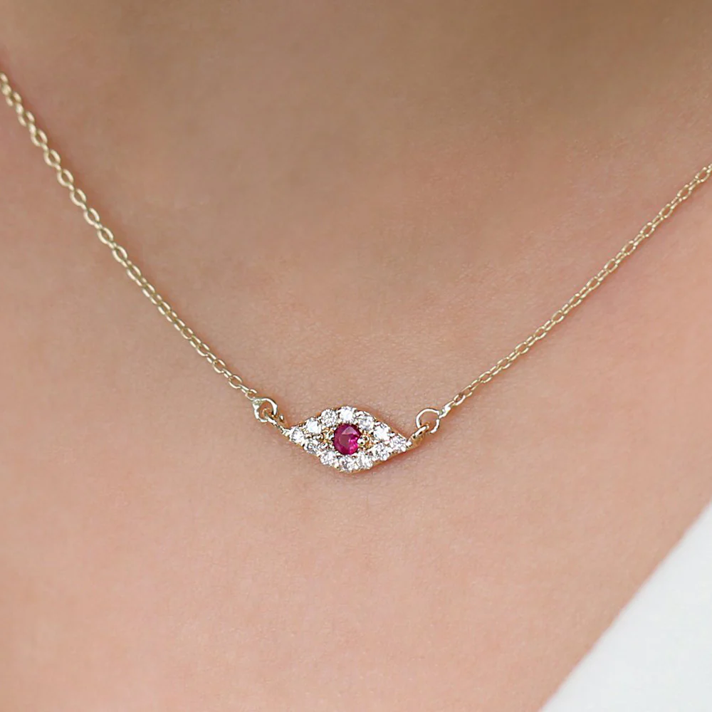 14K Gold Diamond and Ruby Evil Eye Necklace - Image 3