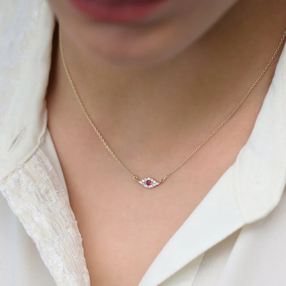 14K Gold Diamond and Ruby Evil Eye Necklace - Image 4