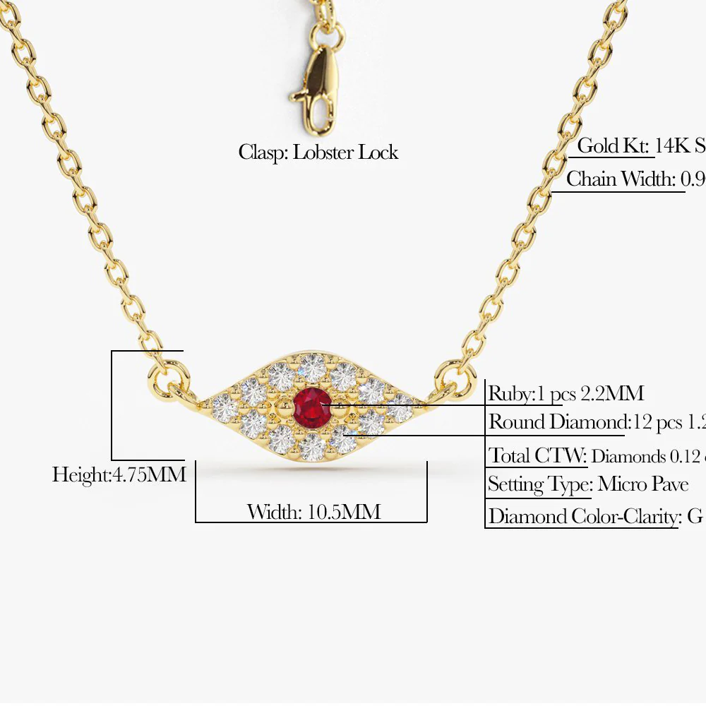 14K Gold Diamond and Ruby Evil Eye Necklace - Image 5