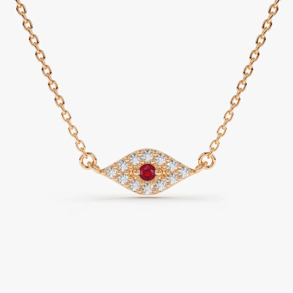 14K Gold Diamond and Ruby Evil Eye Necklace - Image 6