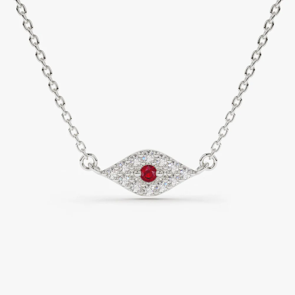 14K Gold Diamond and Ruby Evil Eye Necklace - Image 7