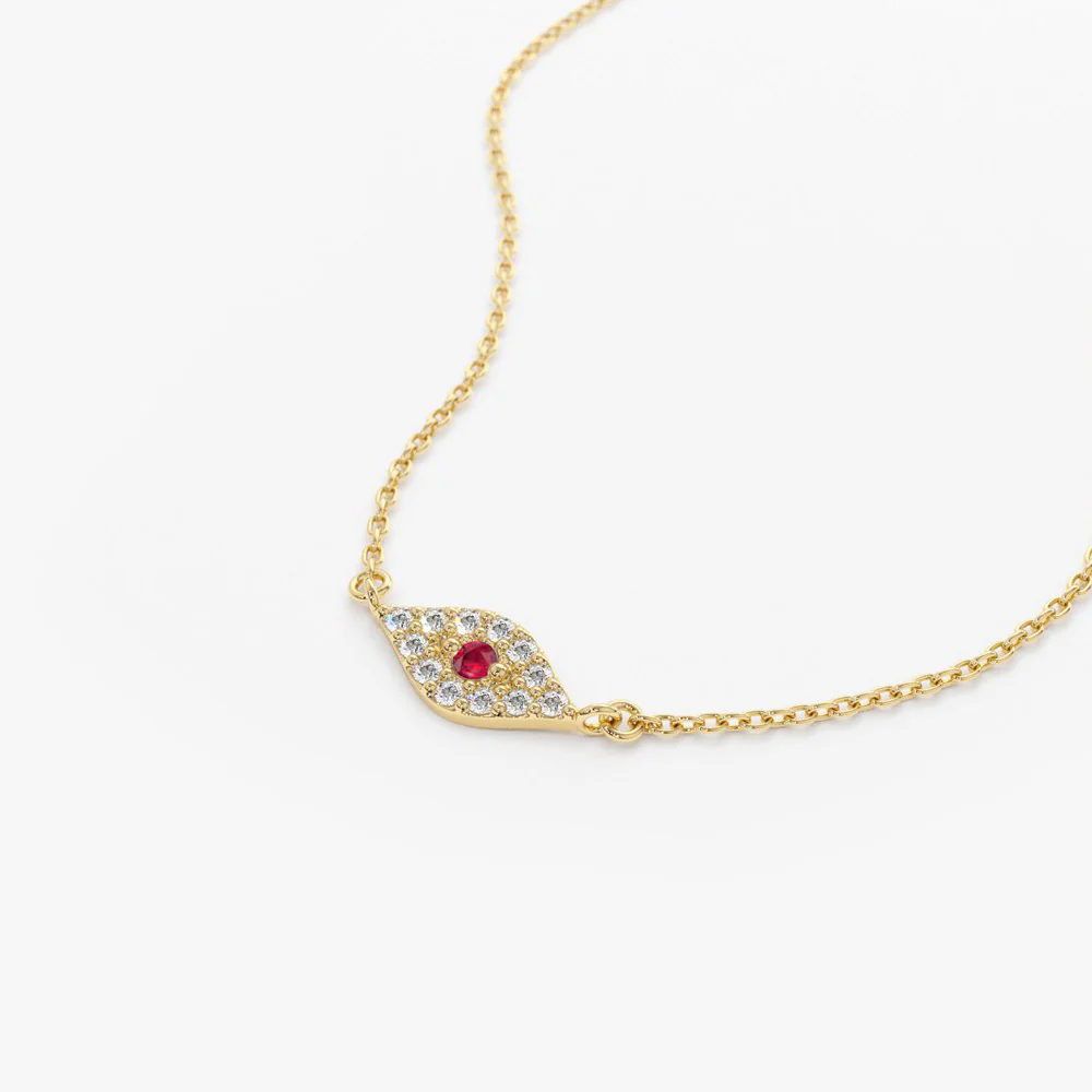 14K Gold Diamond and Ruby Evil Eye Necklace - Image 8