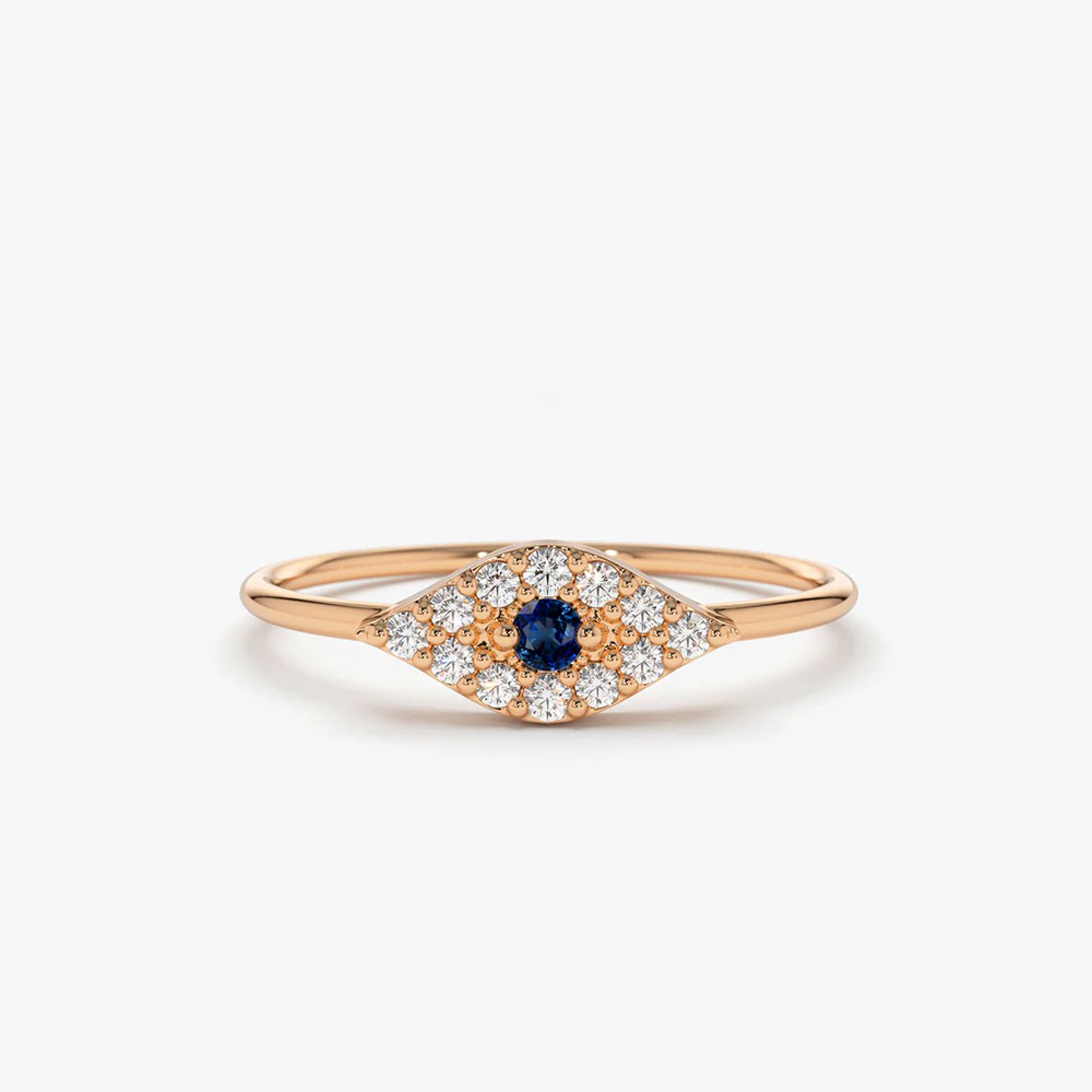 14K Gold Diamond and Sapphire Evil Eye Ring - Image 5