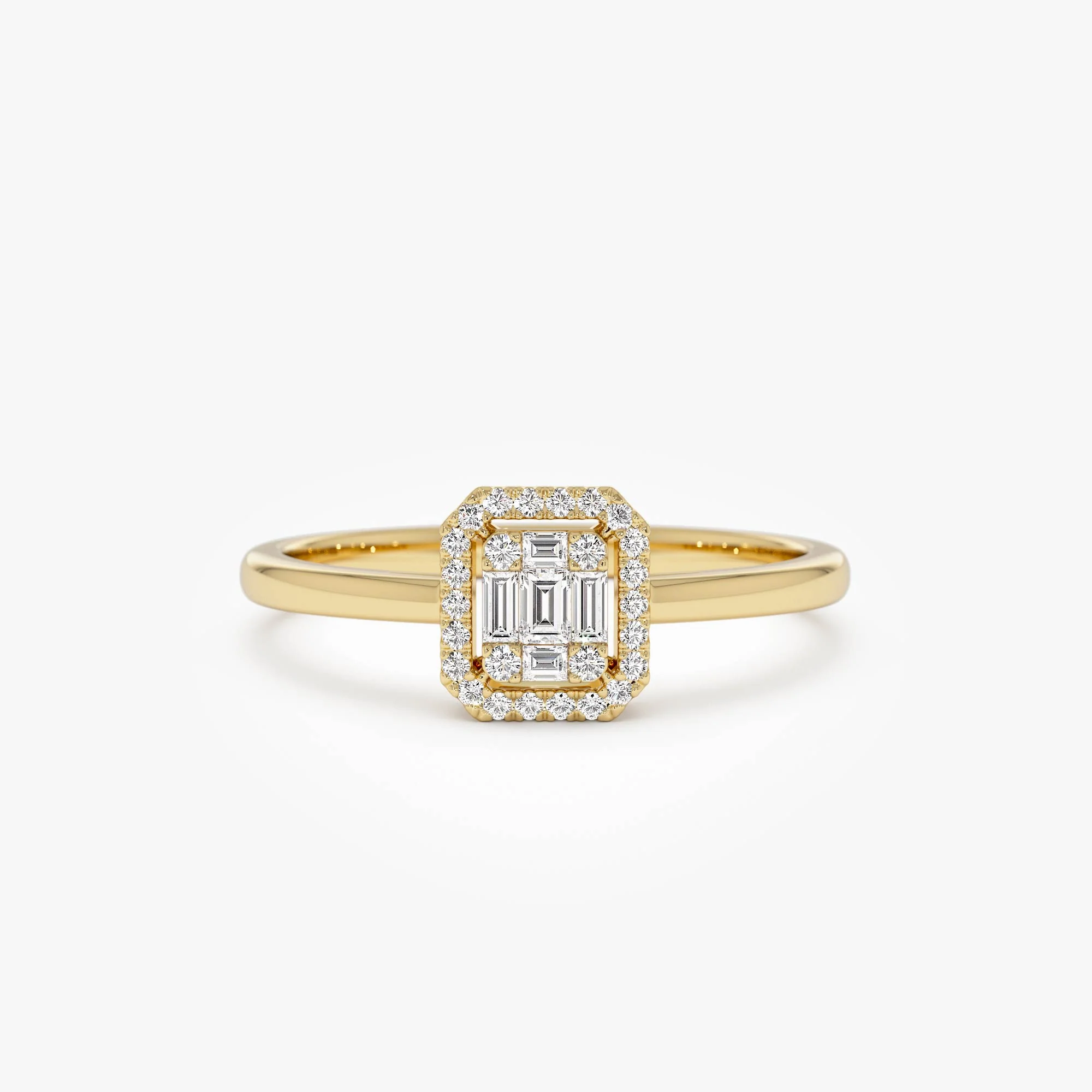 14k Diamond Halo Ring Rectangular Baguette Style