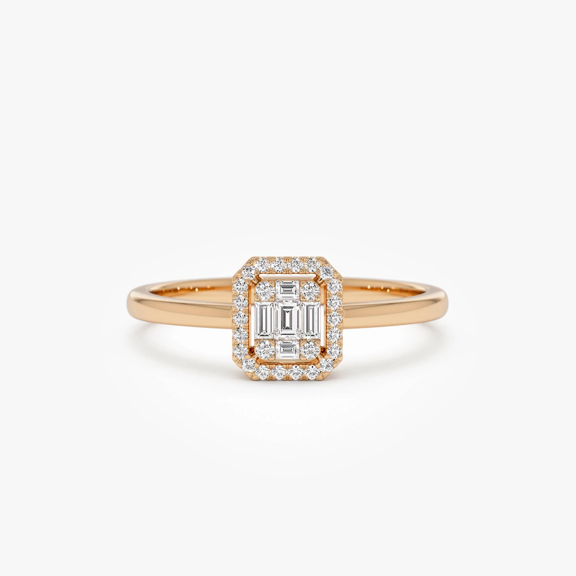 14k Diamond Halo Ring Rectangular Baguette Style - Image 5
