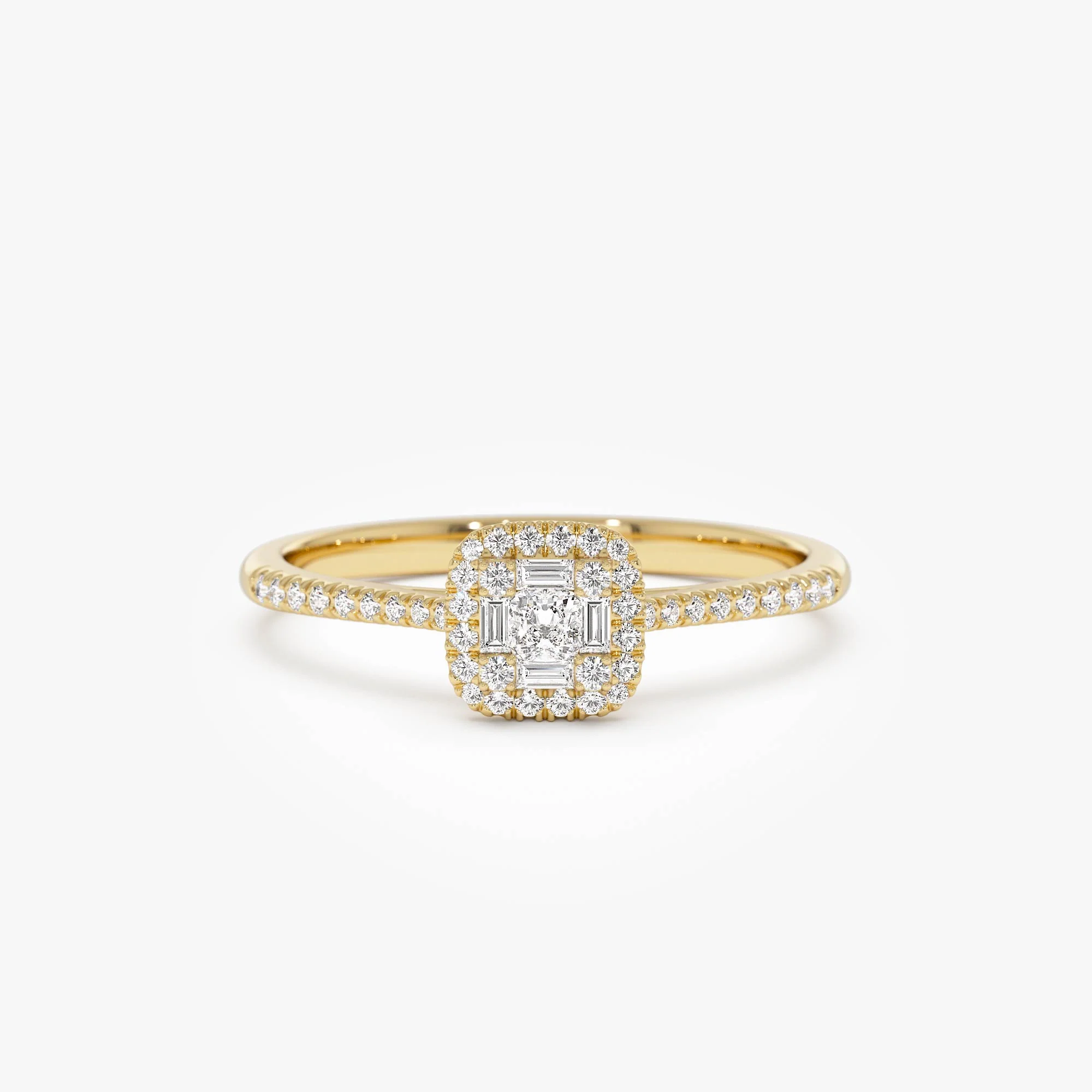14k Diamond Halo Ring with Round and Baguette