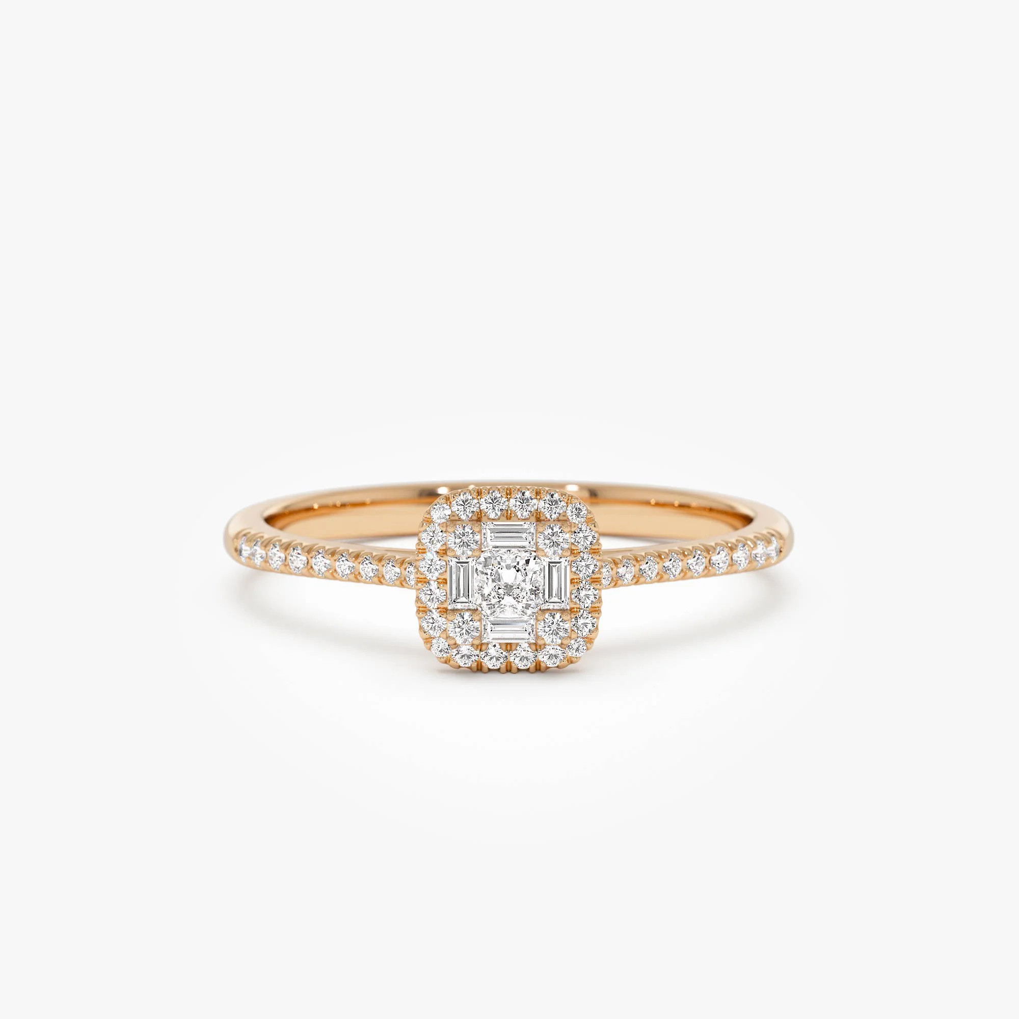 14k Diamond Halo Ring with Round and Baguette - Image 6