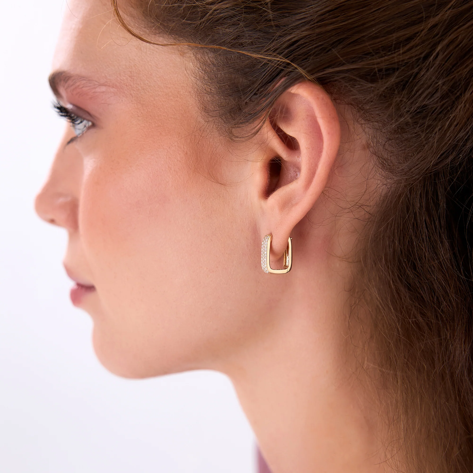 14k Diamond Pave Huggie Earrings Square Gold Hoops - Image 5