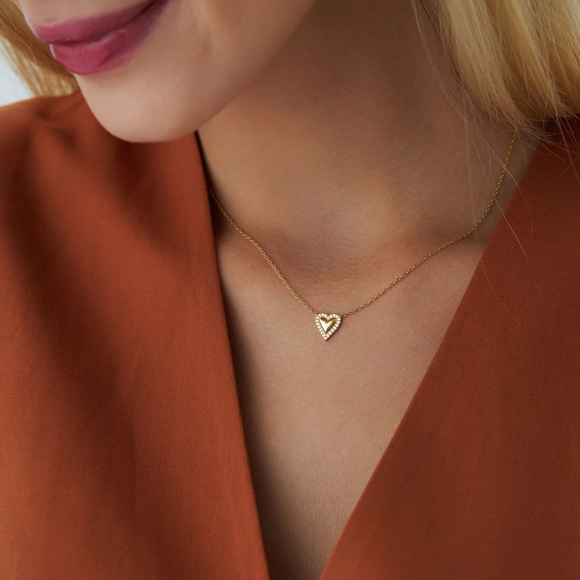 14K Diamond Puffed Heart Love Necklace - Image 3