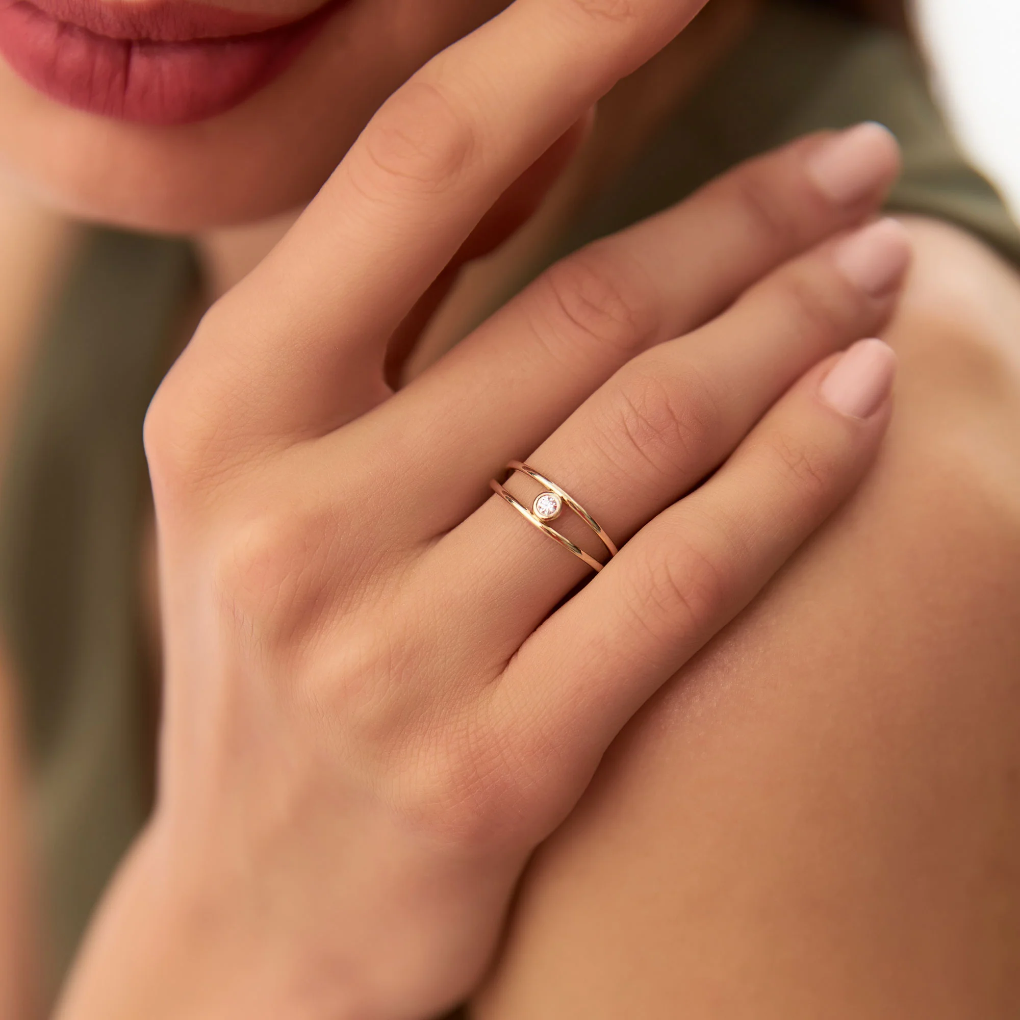 14k Double Band Bezel Setting Diamond Solitaire Ring - Image 2