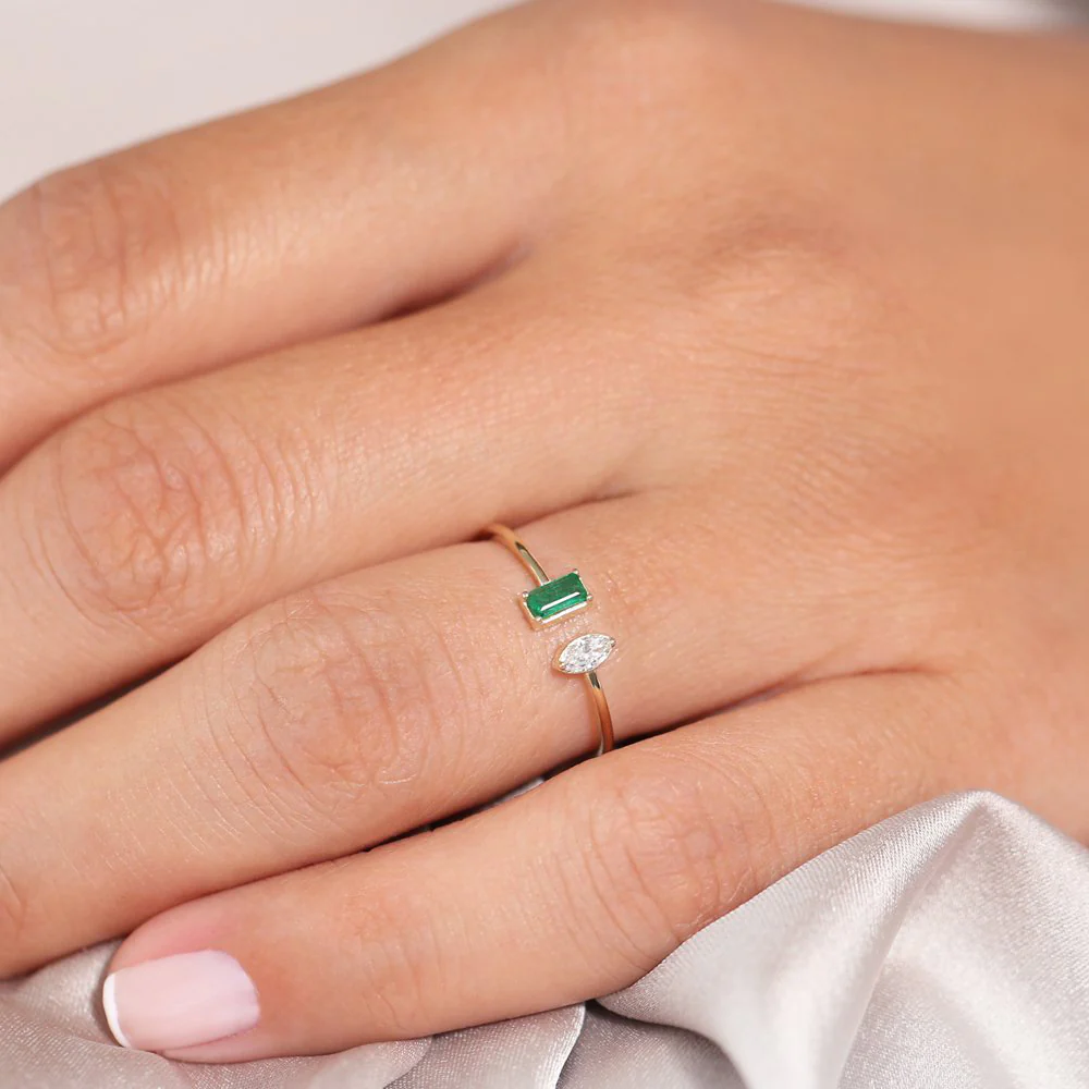 14K Gold Emerald and Diamond Cuff Ring - Image 3