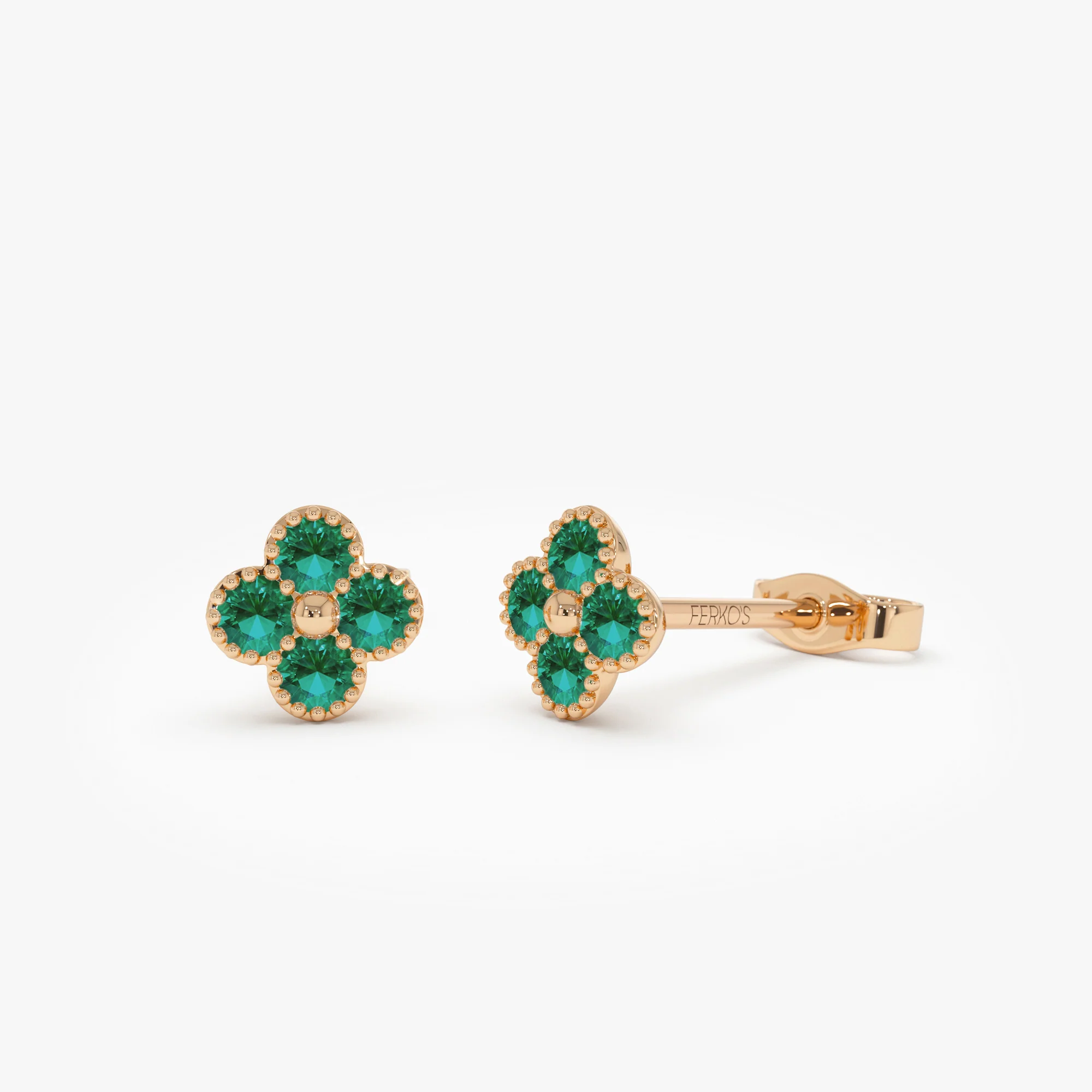 14k Emerald Clover Beaded Studs - Image 4