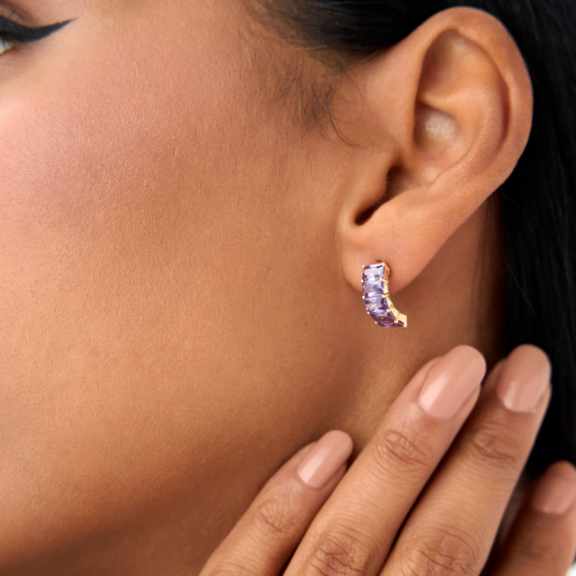 14K Emerald Cut Amethyst Half Hoop Earrings - Image 2