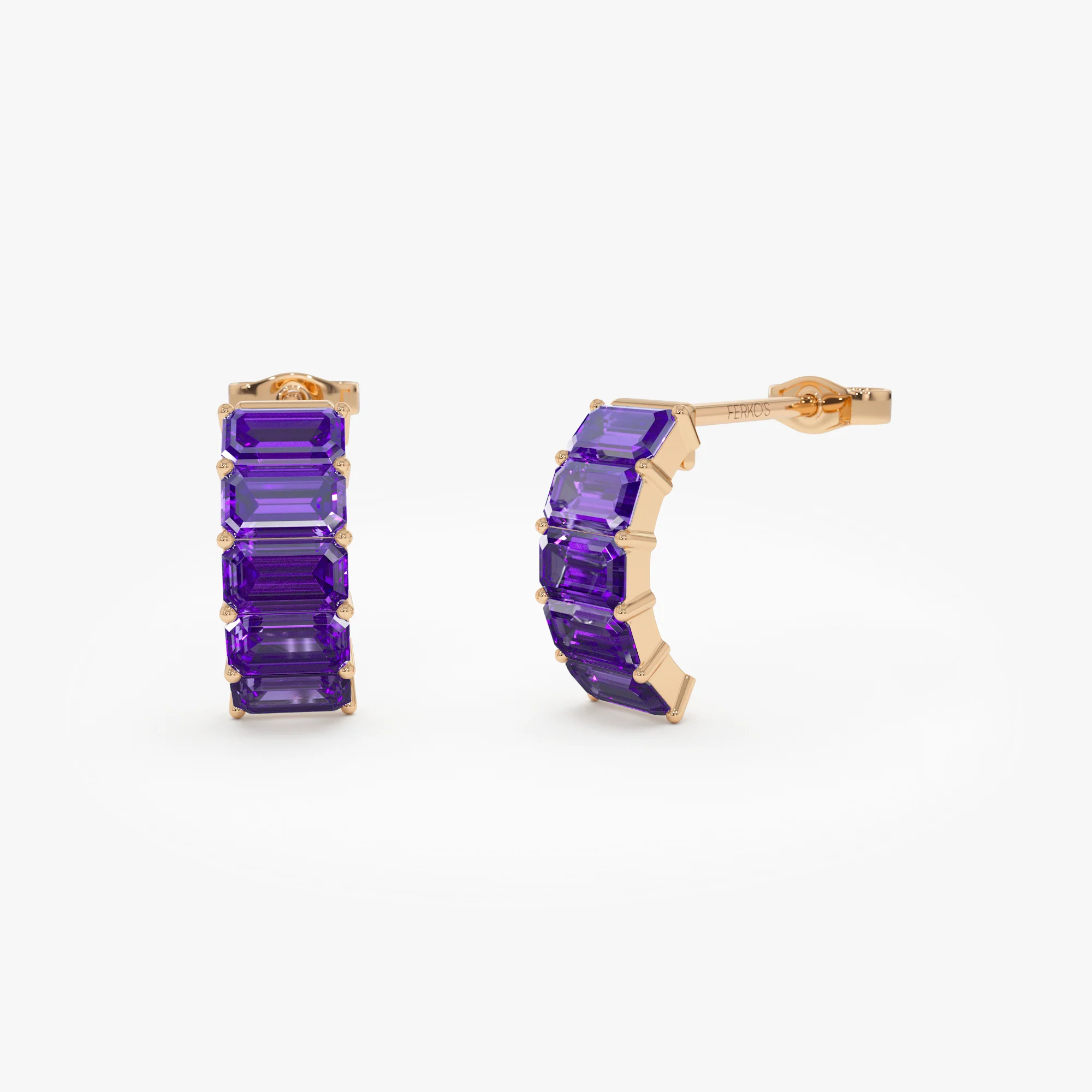 14K Emerald Cut Amethyst Half Hoop Earrings - Image 3