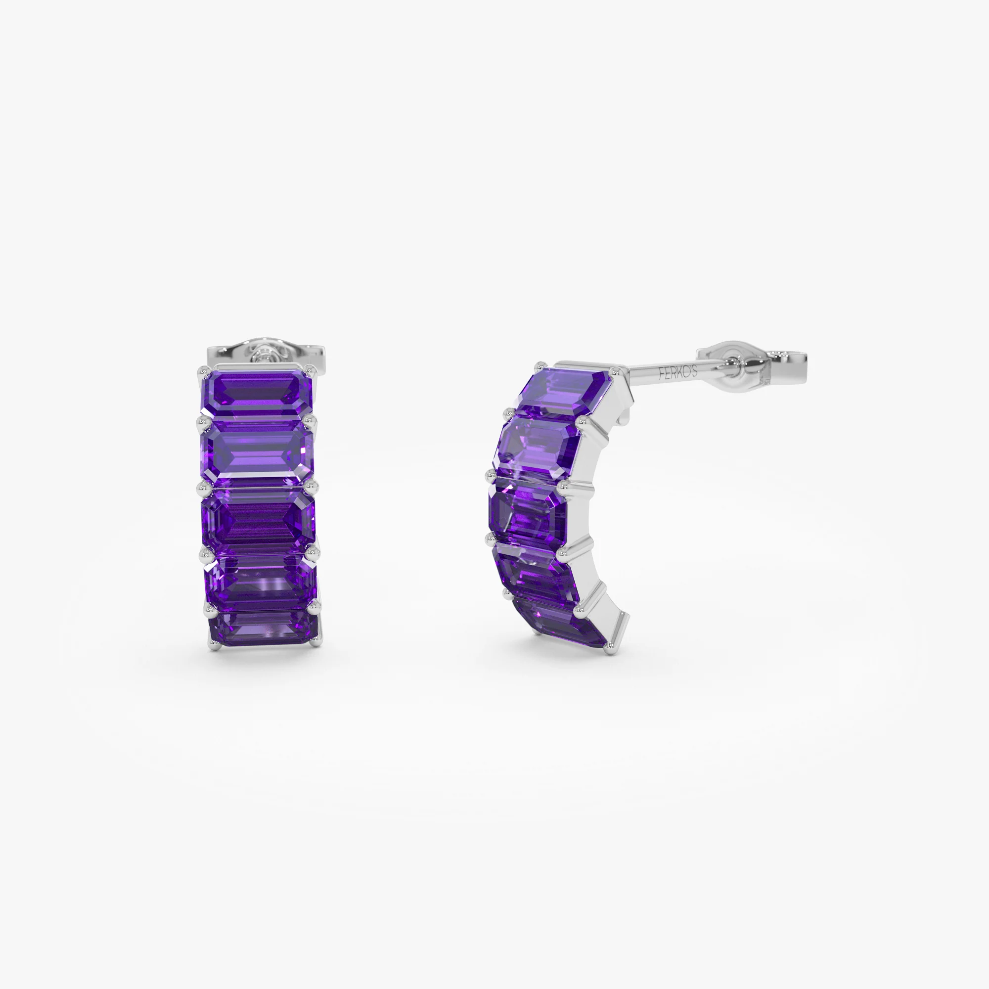 14K Emerald Cut Amethyst Half Hoop Earrings - Image 4