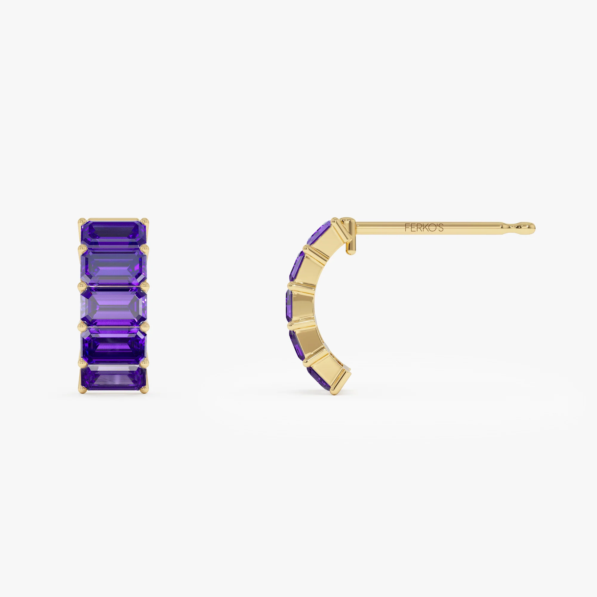 14K Emerald Cut Amethyst Half Hoop Earrings - Image 5