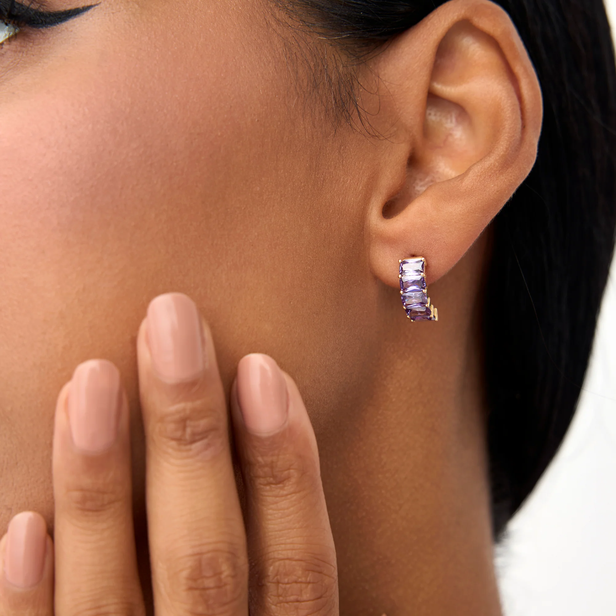 14K Emerald Cut Amethyst Half Hoop Earrings - Image 6