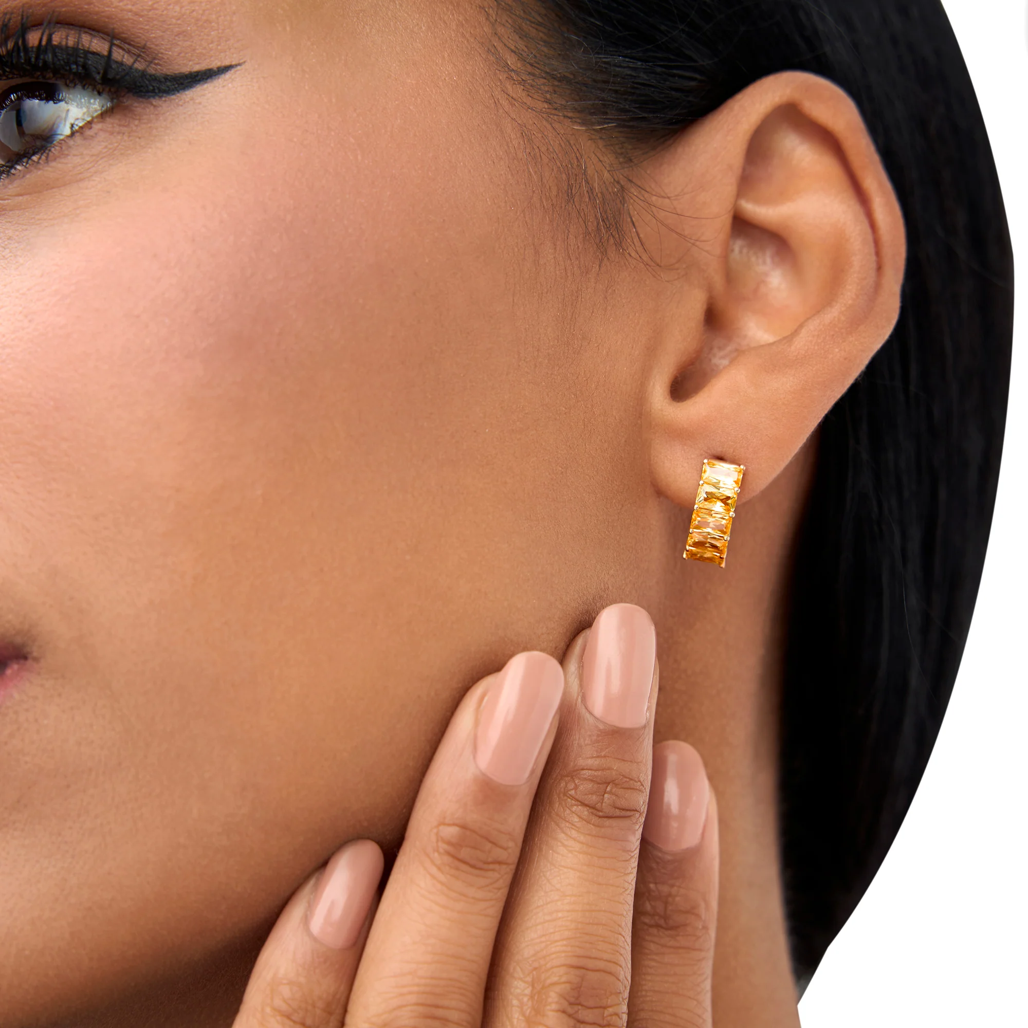 14K Emerald Cut Citrine Half Hoop Earrings - Image 4