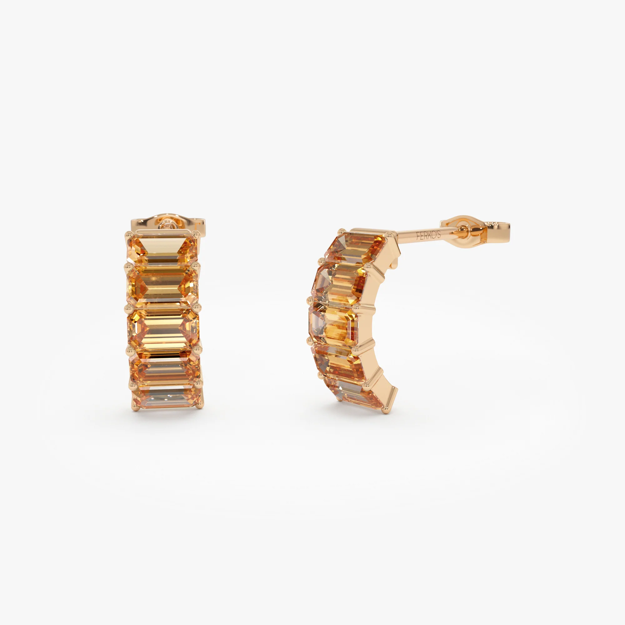 14K Emerald Cut Citrine Half Hoop Earrings - Image 5